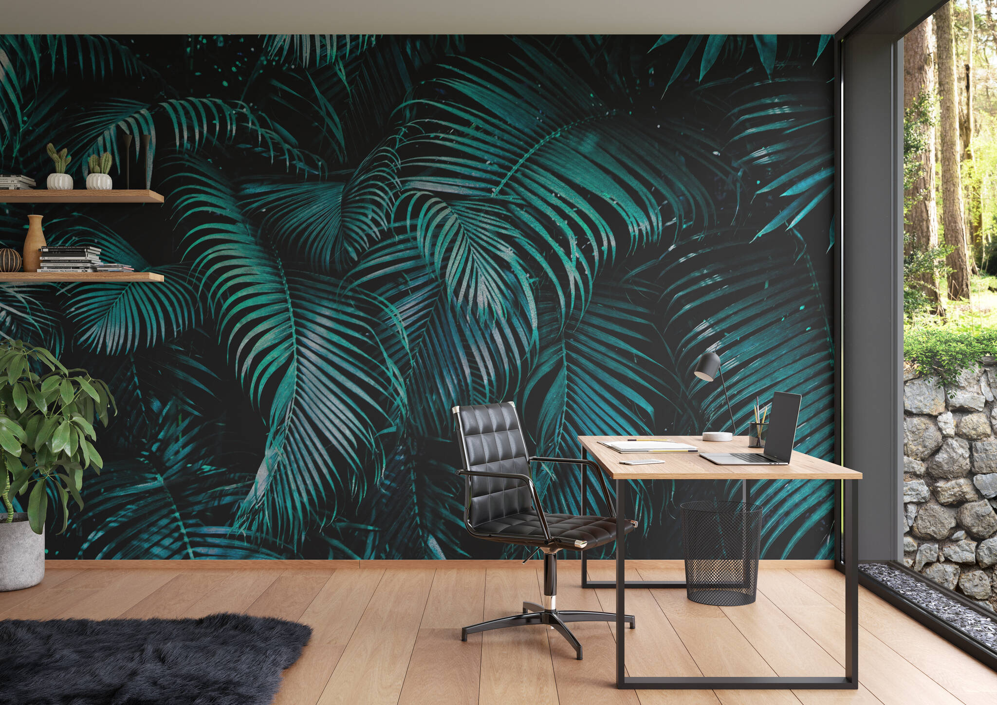 Arbeitszimmer mit Fototapete - Blau-Grüne Palmenblätter mit 3D-Effekt in raumfüllendem Zoom