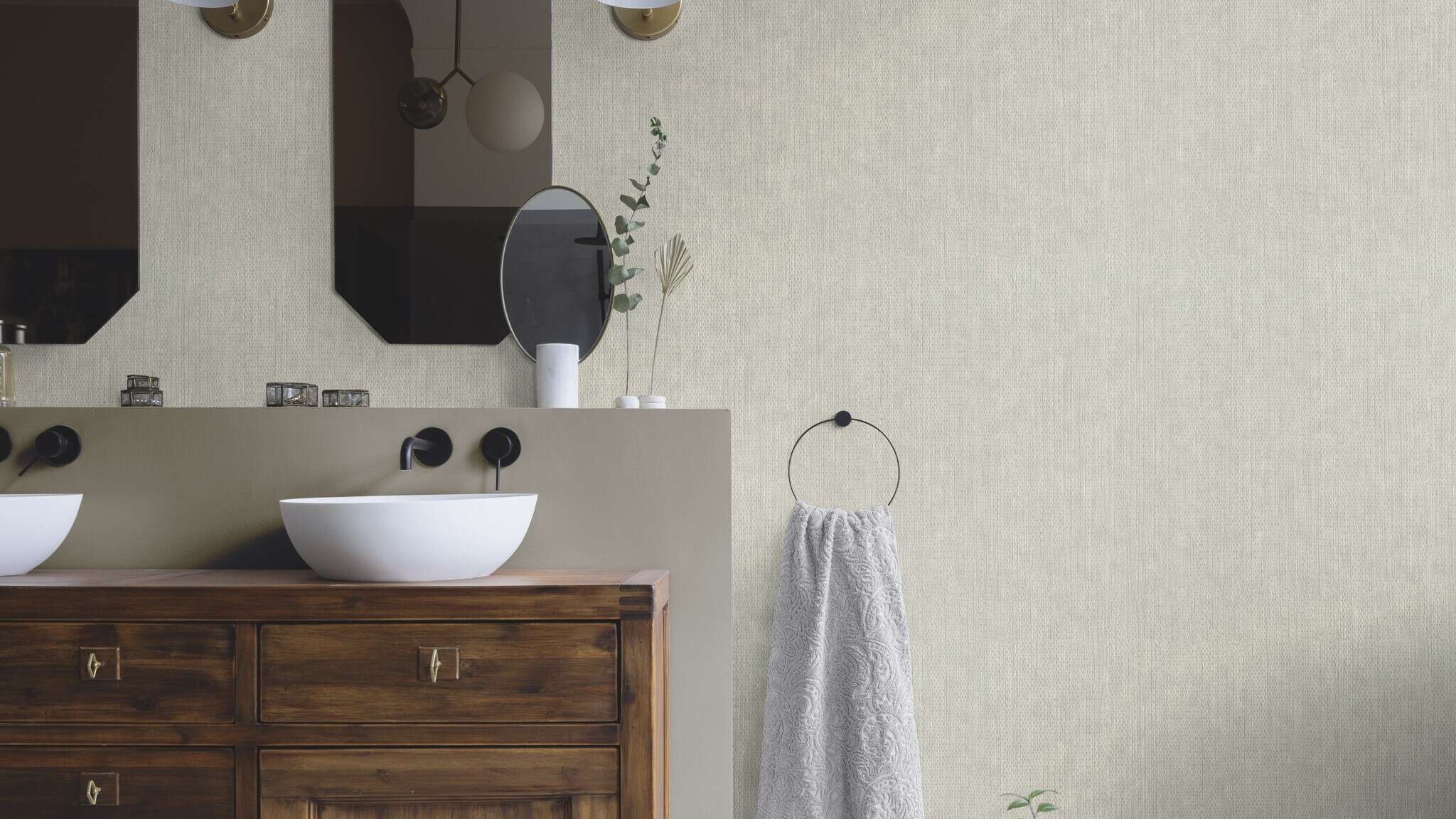 10-435535 Raumsituationen 1 Non-woven wallpaper with a natural fibre look in grey - Noble Zen Golden Wabi 435535