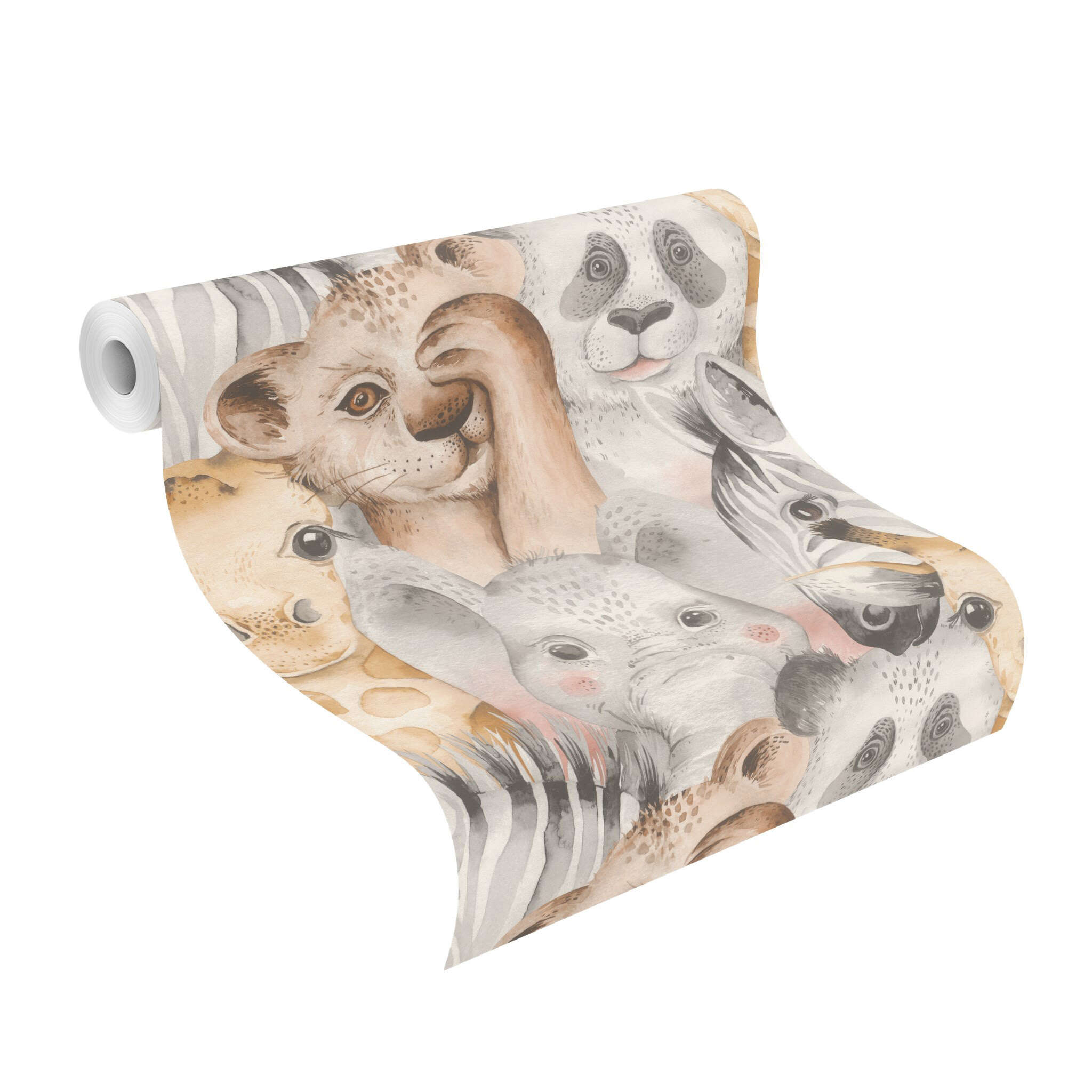 10-252590 Rolle abgerollt 1 Unrolled wallpaper roll with Child-friendly wallpaper with elephant, lion, zebra, giraffe and other animals in soft colours