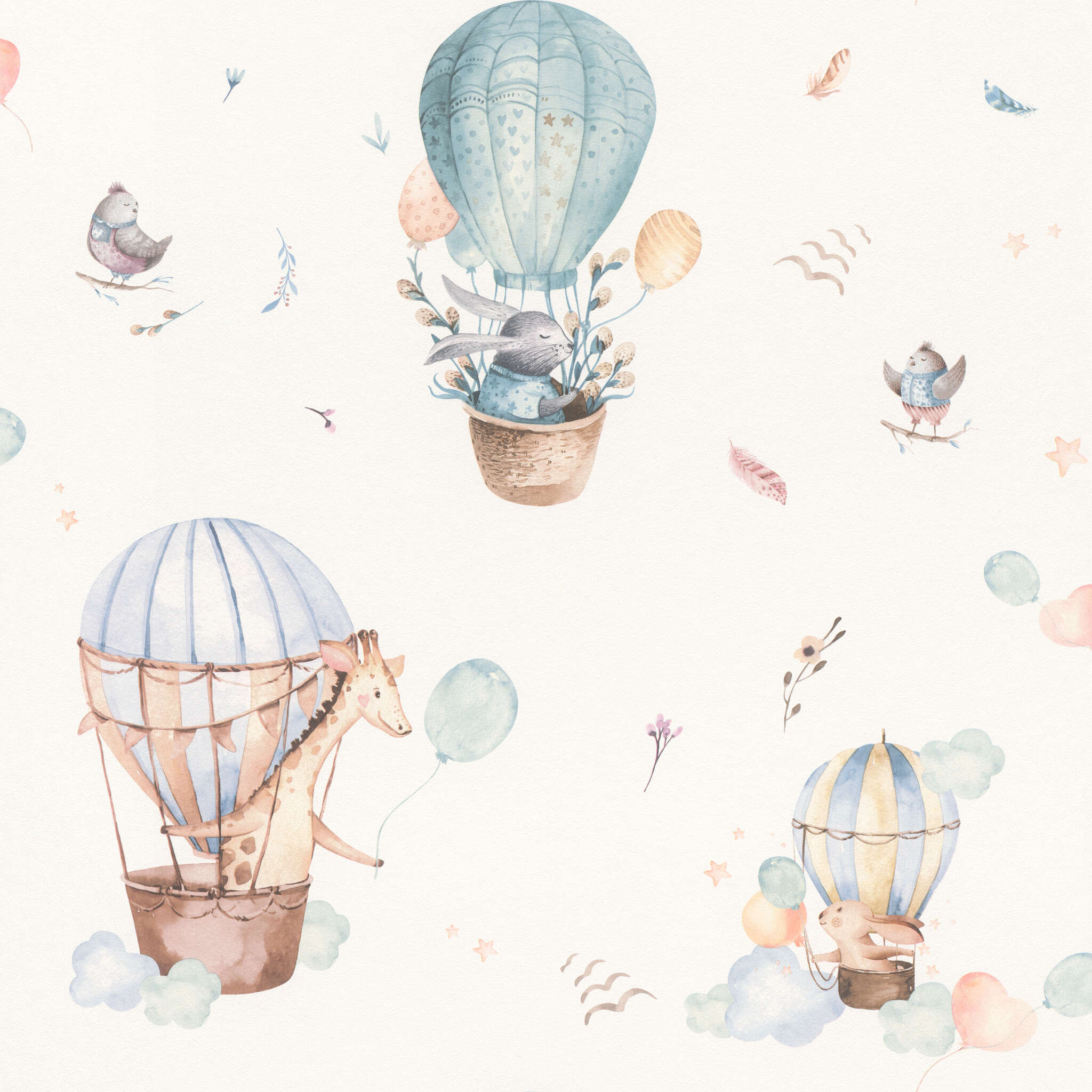 10-300512 Artikelscan 1 Wallpaper with cute hot air balloons, animals and birds in pastel blue on a white background – perfect for the nursery