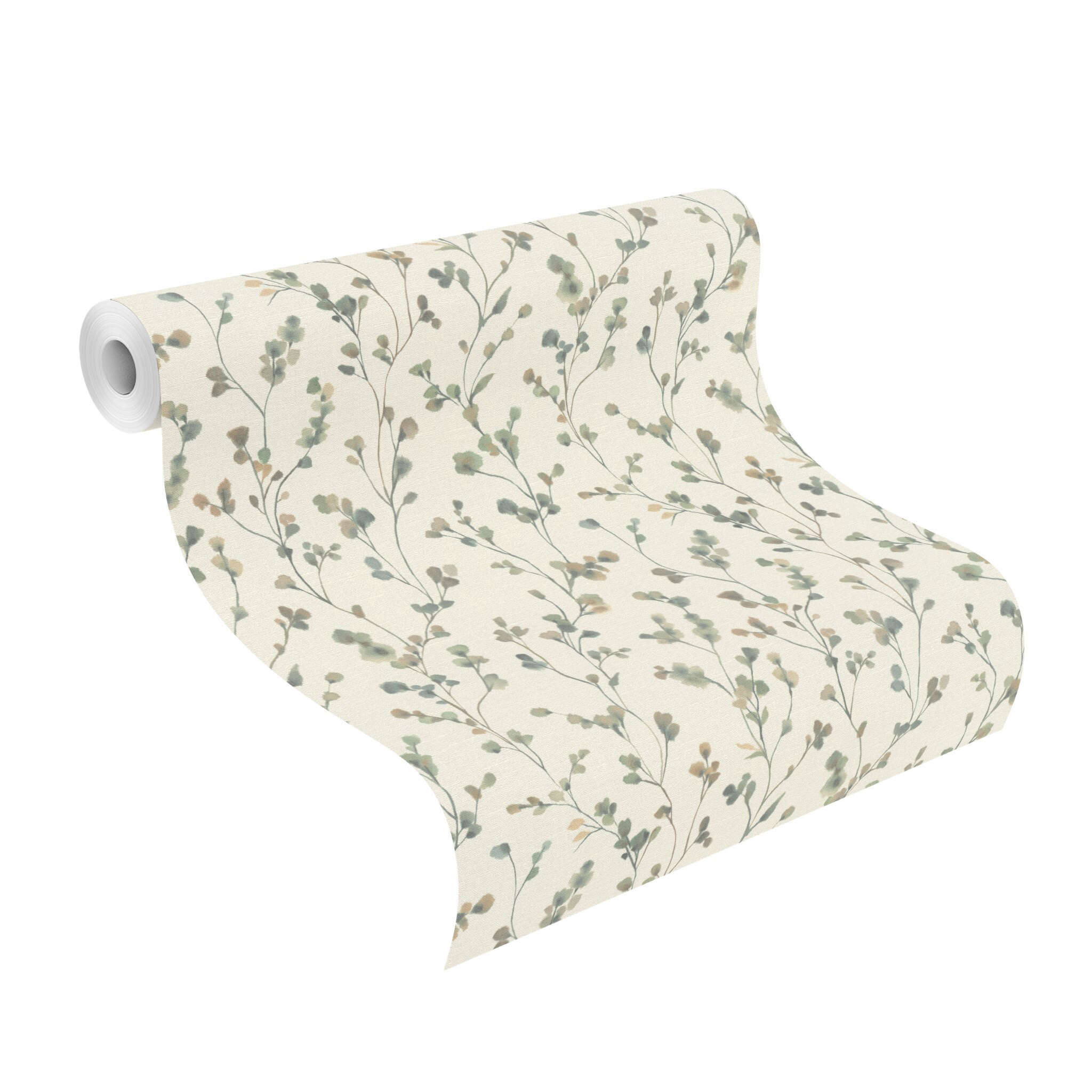 10-486148 Rolle abgerollt 1 Rouleau de déroulé avec Papier peint avec de délicates vrilles de feuilles dans un style aquarelle