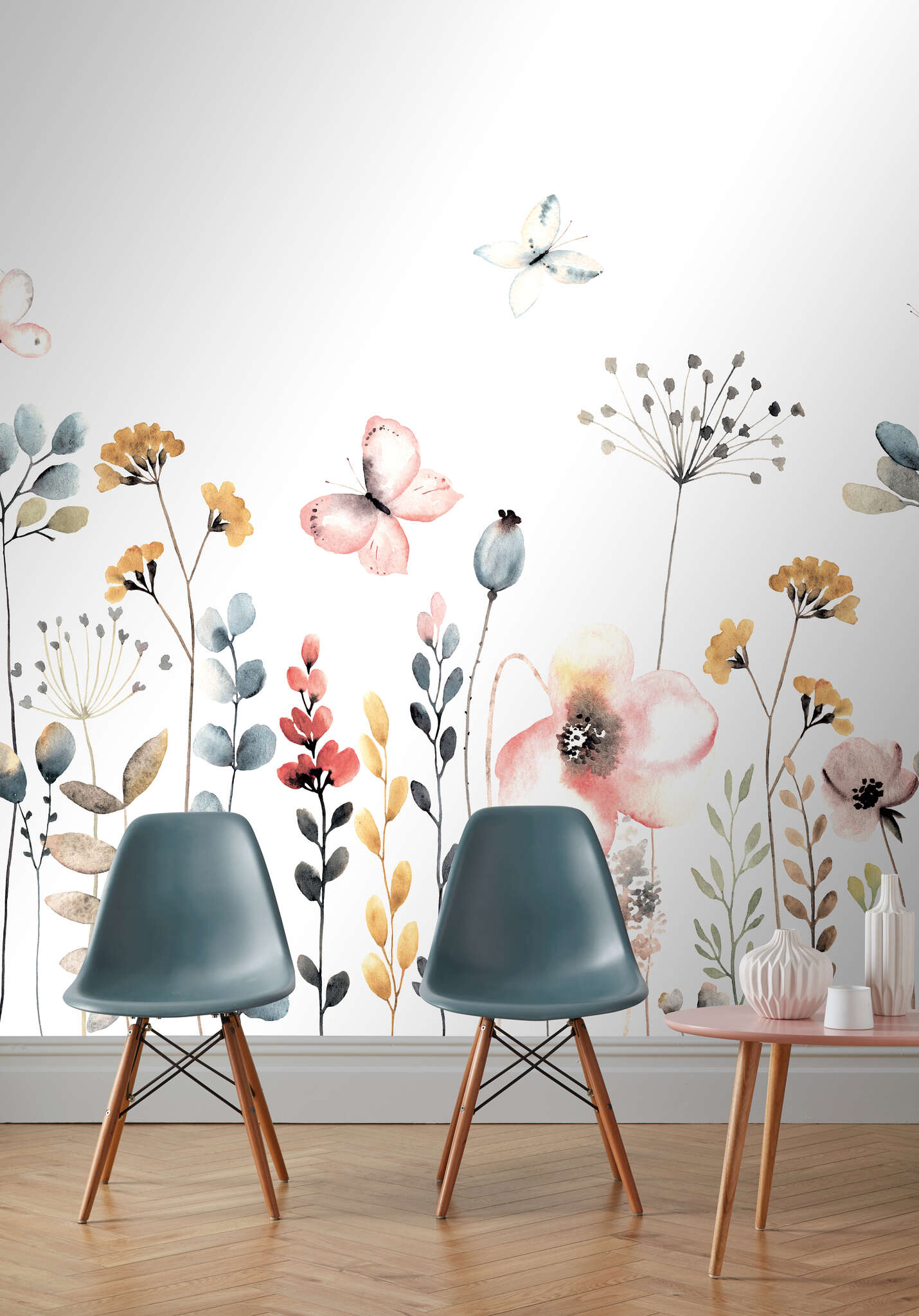 Wohnzimmer mit 253276 - Wandbild - Blumenwiese in zartem Aquarell blau/rosa Bambino XIX Wall mural 253276