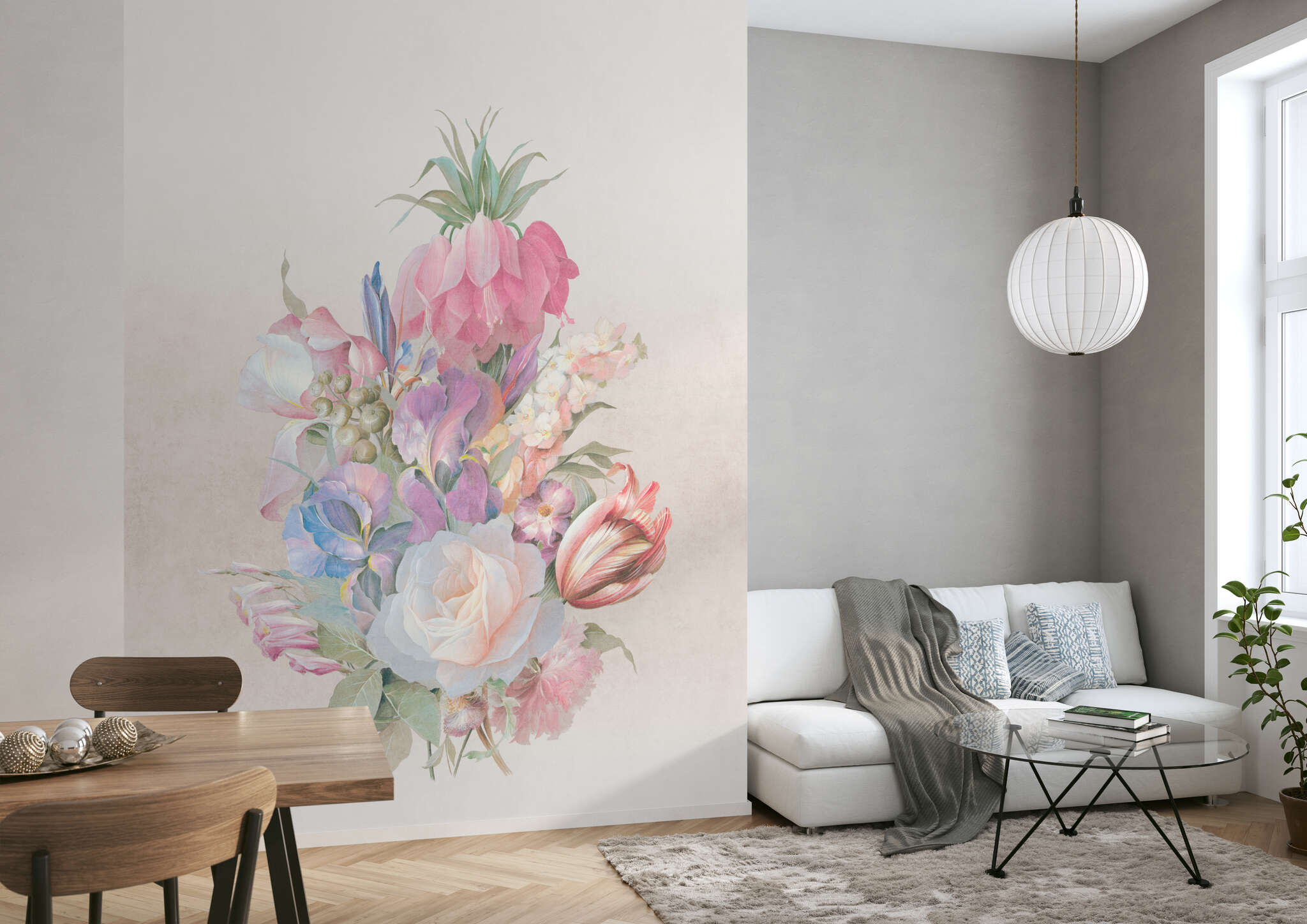 Wohnzimmer mit 361032 - Wandbild - Überdimensionales Blumenbouquet auf bläulich-beigem Grund magicwalls Papier peint 361032