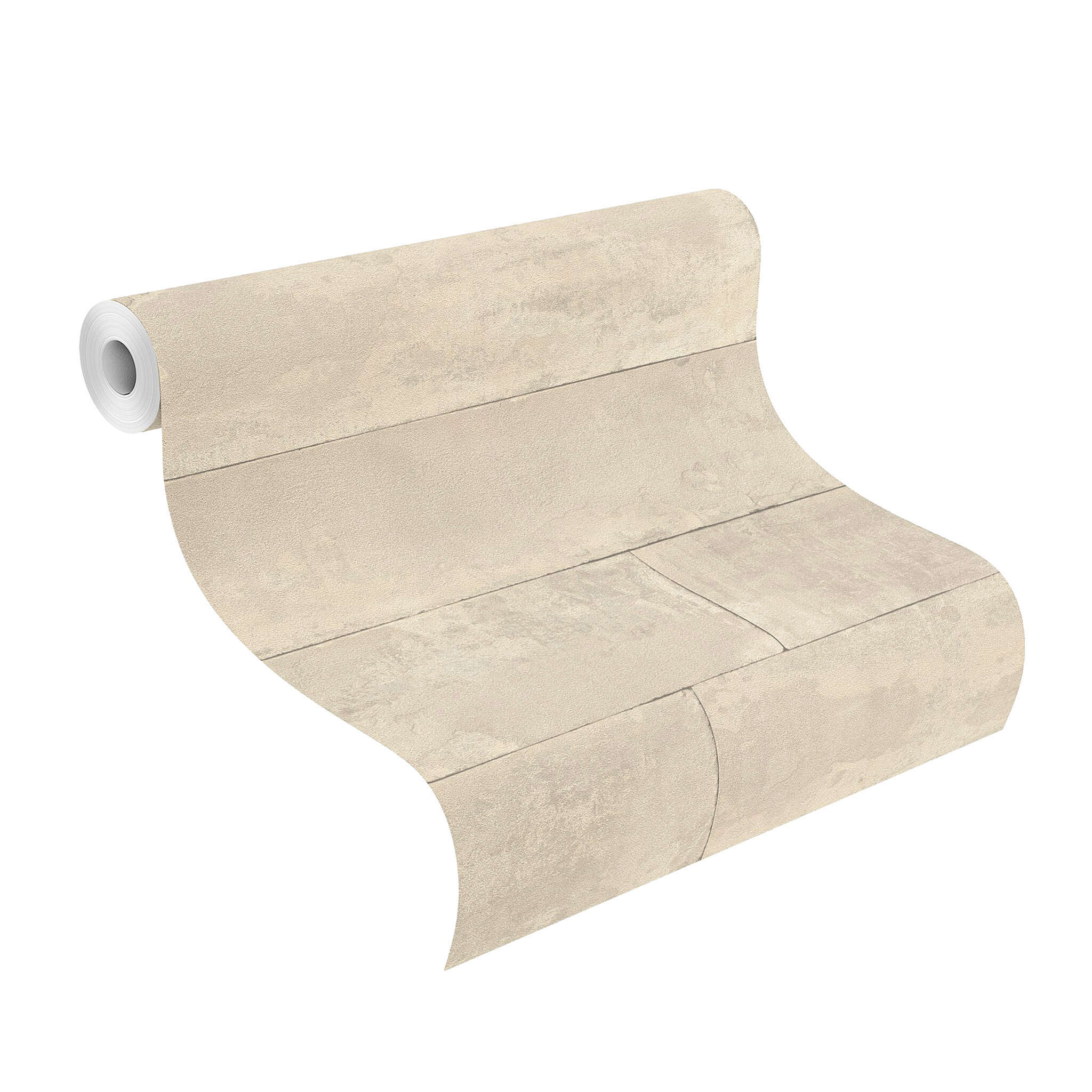 10-426014 Rolle abgerollt 1 Unrolled wallpaper roll with Non-woven wallpaper with large-scale panel pattern in a beige concrete look.