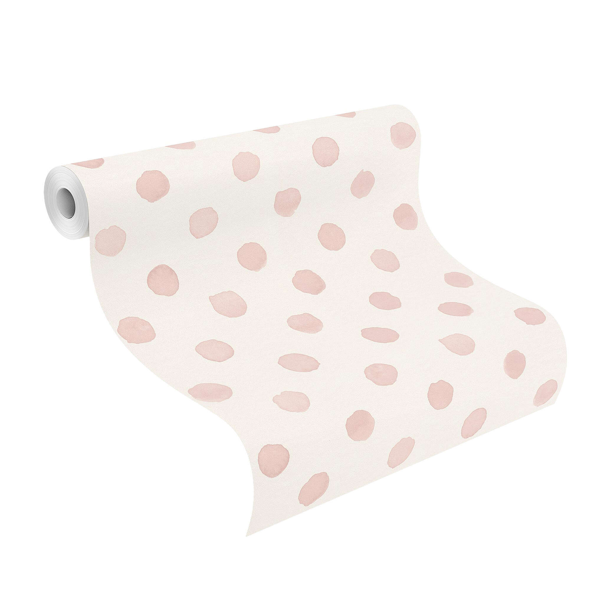 10-252019 Rolle abgerollt 1 Rouleau de déroulé avec Papier peint ludique avec des pois roses disposés de manière irrégulière sur un fond clair