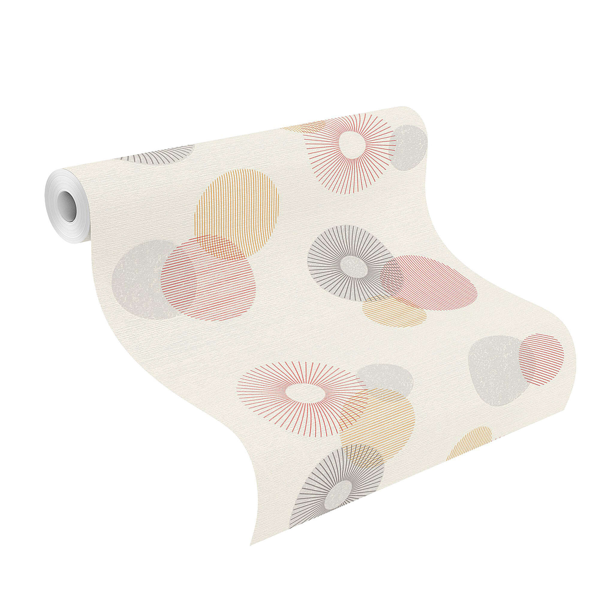 10-311518 Rolle abgerollt 1 Unrolled wallpaper roll with Light wallpaper with a playful circle pattern in rose, apricot and grey on a cream background