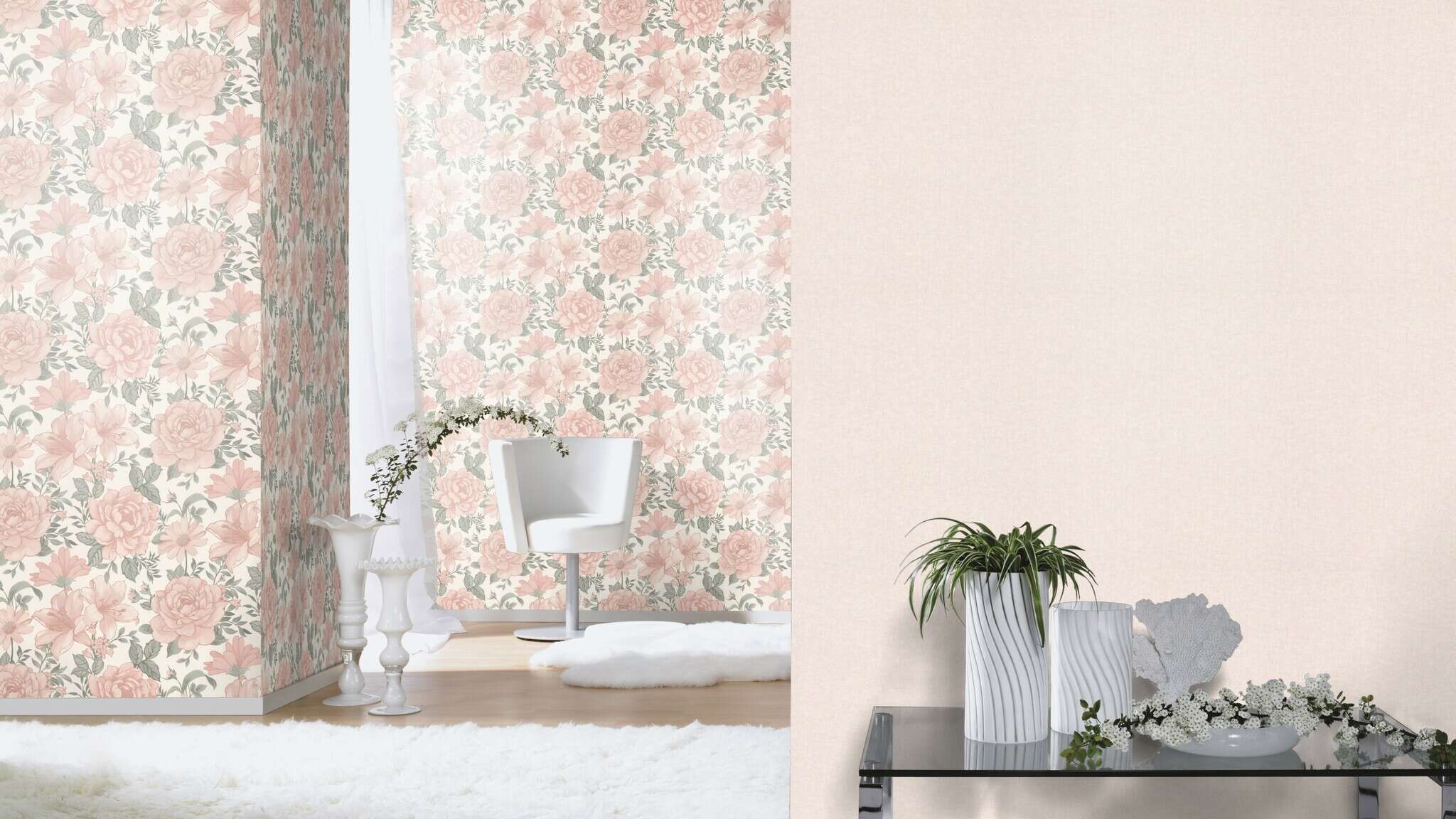 10-252811 Raumsituationen 1 Room with Smooth rose-coloured wallpaper for a soft, harmonious room effect