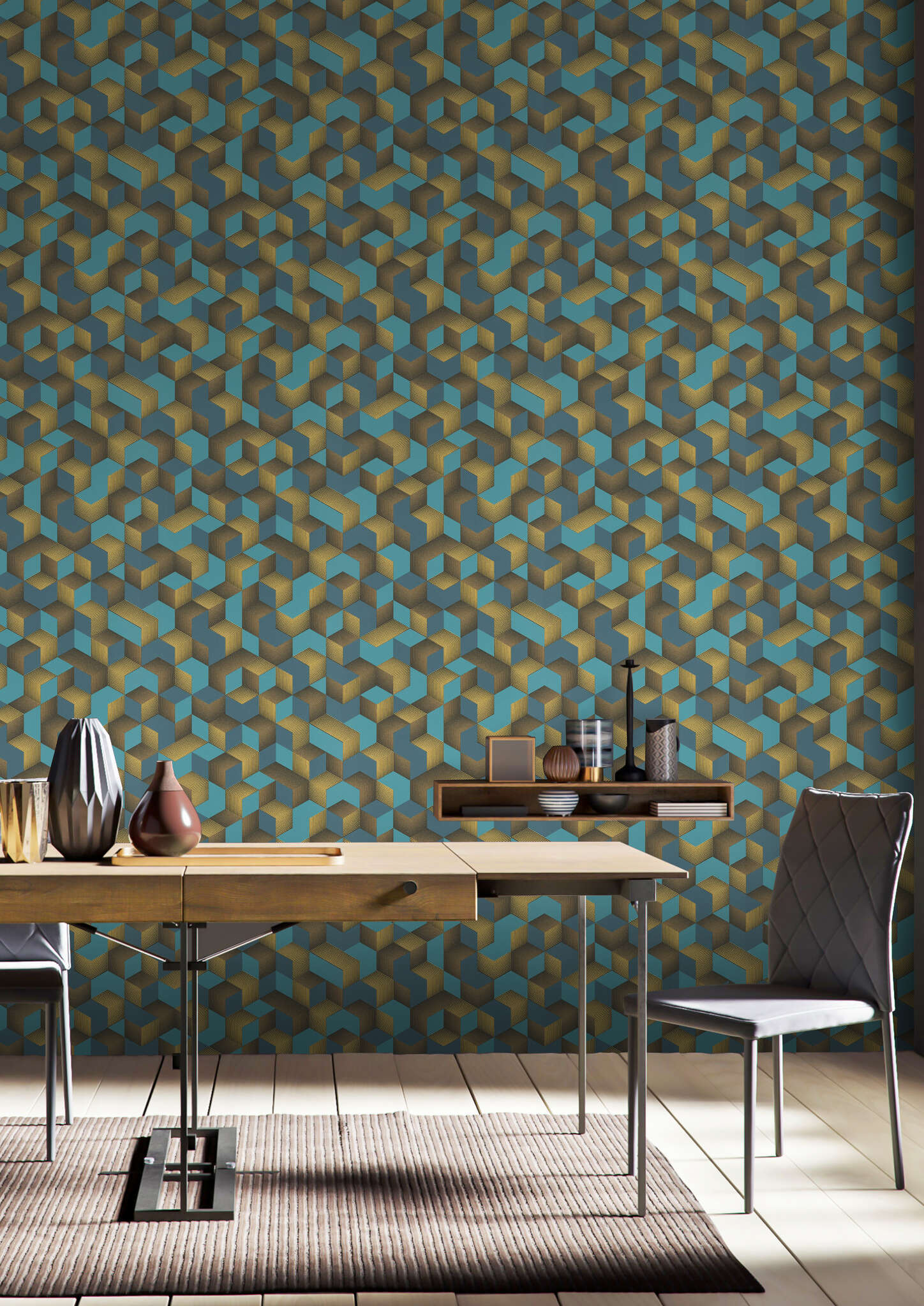 10-403909 Raumsituationen 3 Room with Eye-catching geometric wallpaper with 3D cubes in blue and gold for impressive accent walls