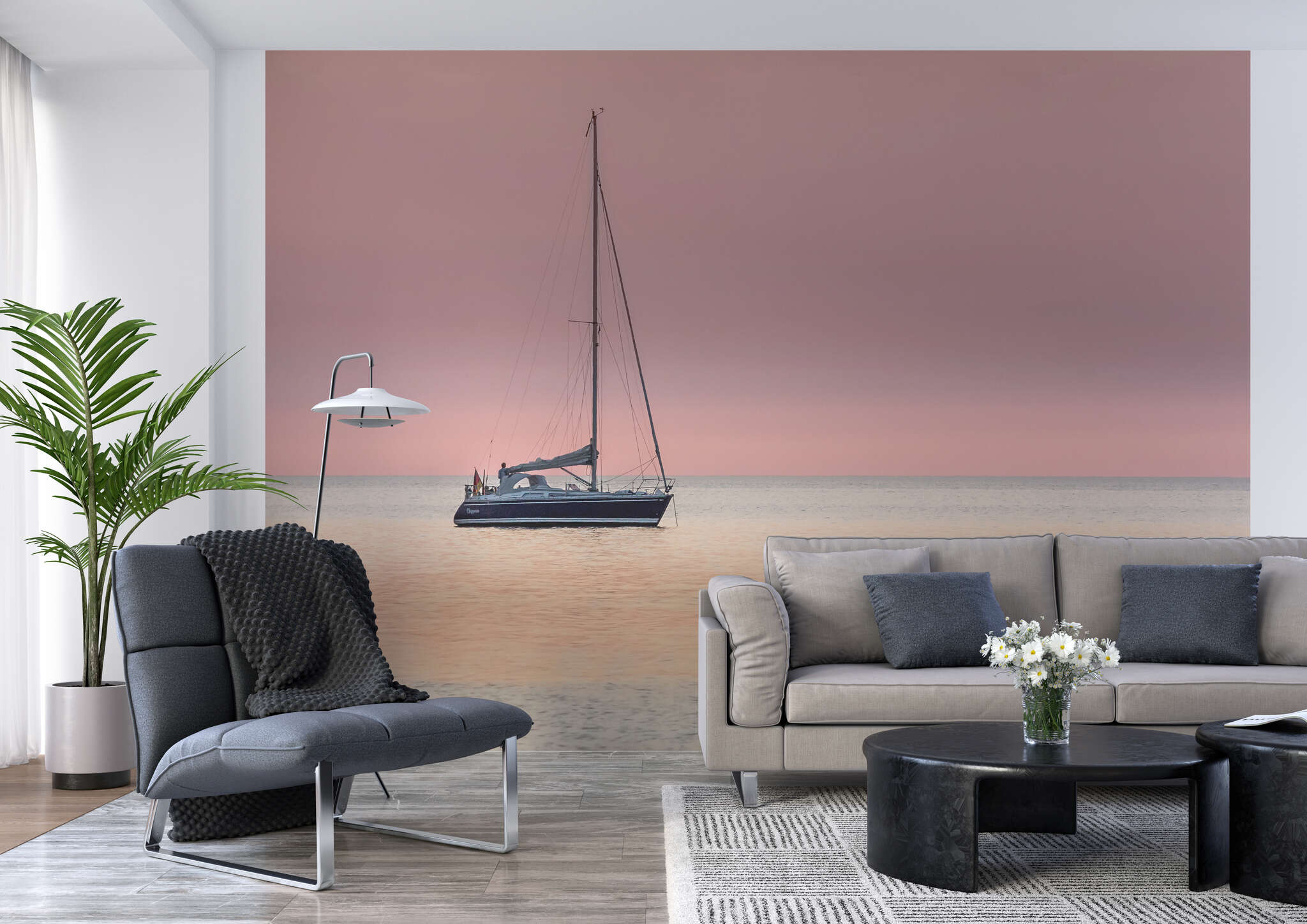 Wohnzimmer mit 363289 - Fototapete - Segelschiff vor Anker in abendlicher Stimmung magicwalls Fototapete Segelschiff 363289