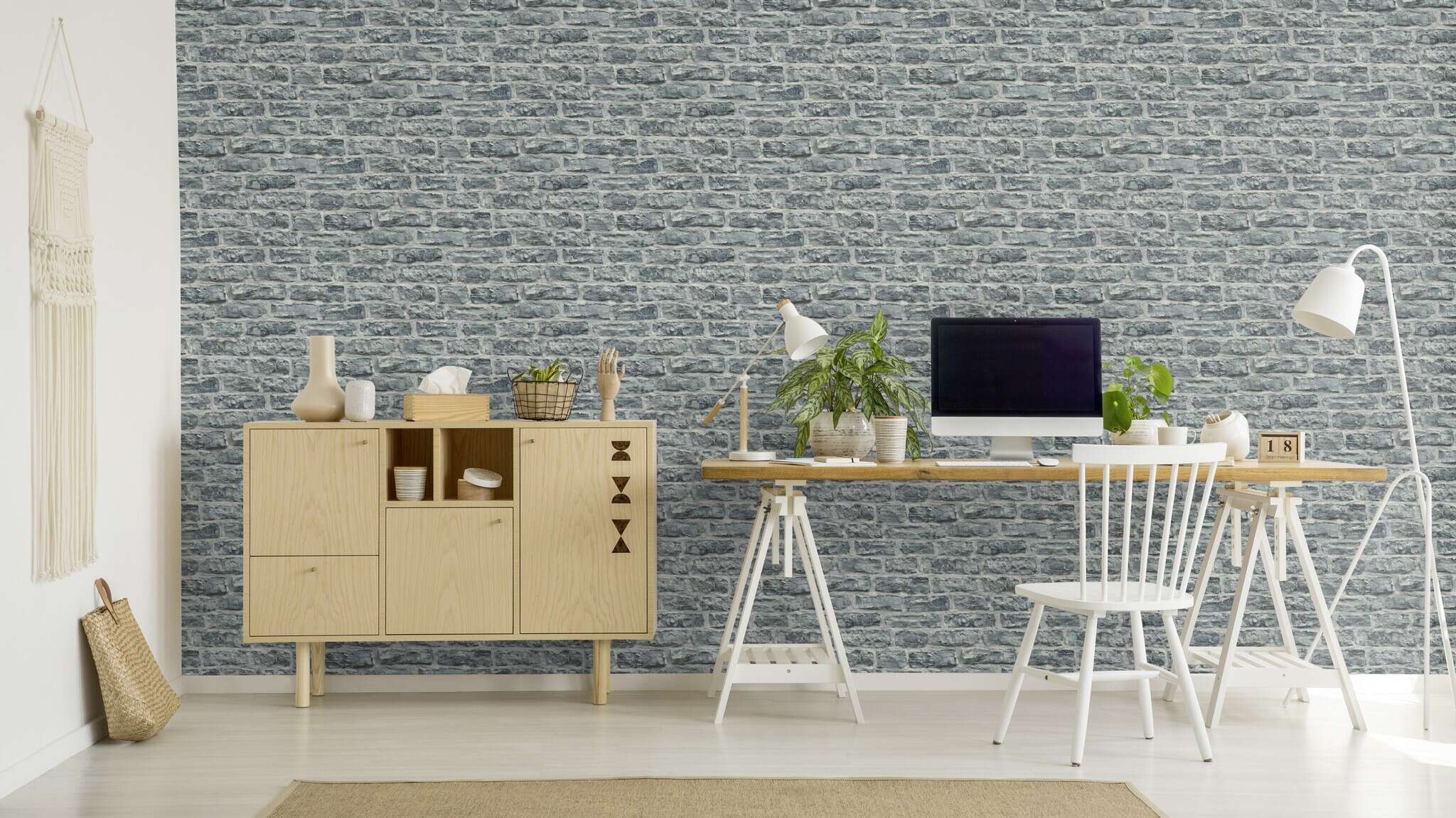 10-498349 Raumsituationen 1 Stone-effect wallpaper in grey Factory VI Brick 498349