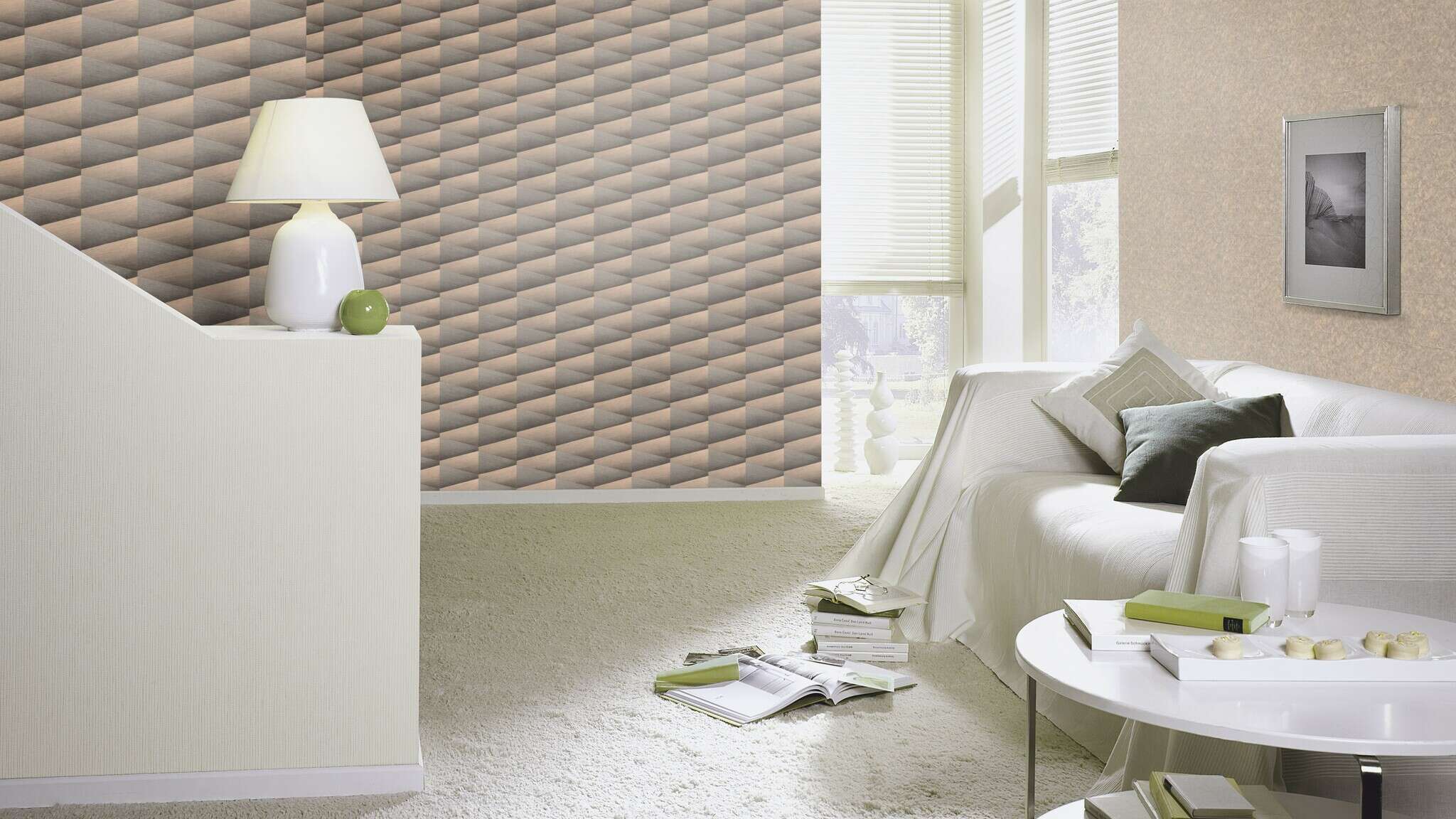 10-554670 Raumsituationen 5 Room with Graphic wallpaper with three-dimensional shapes and a grooved texture