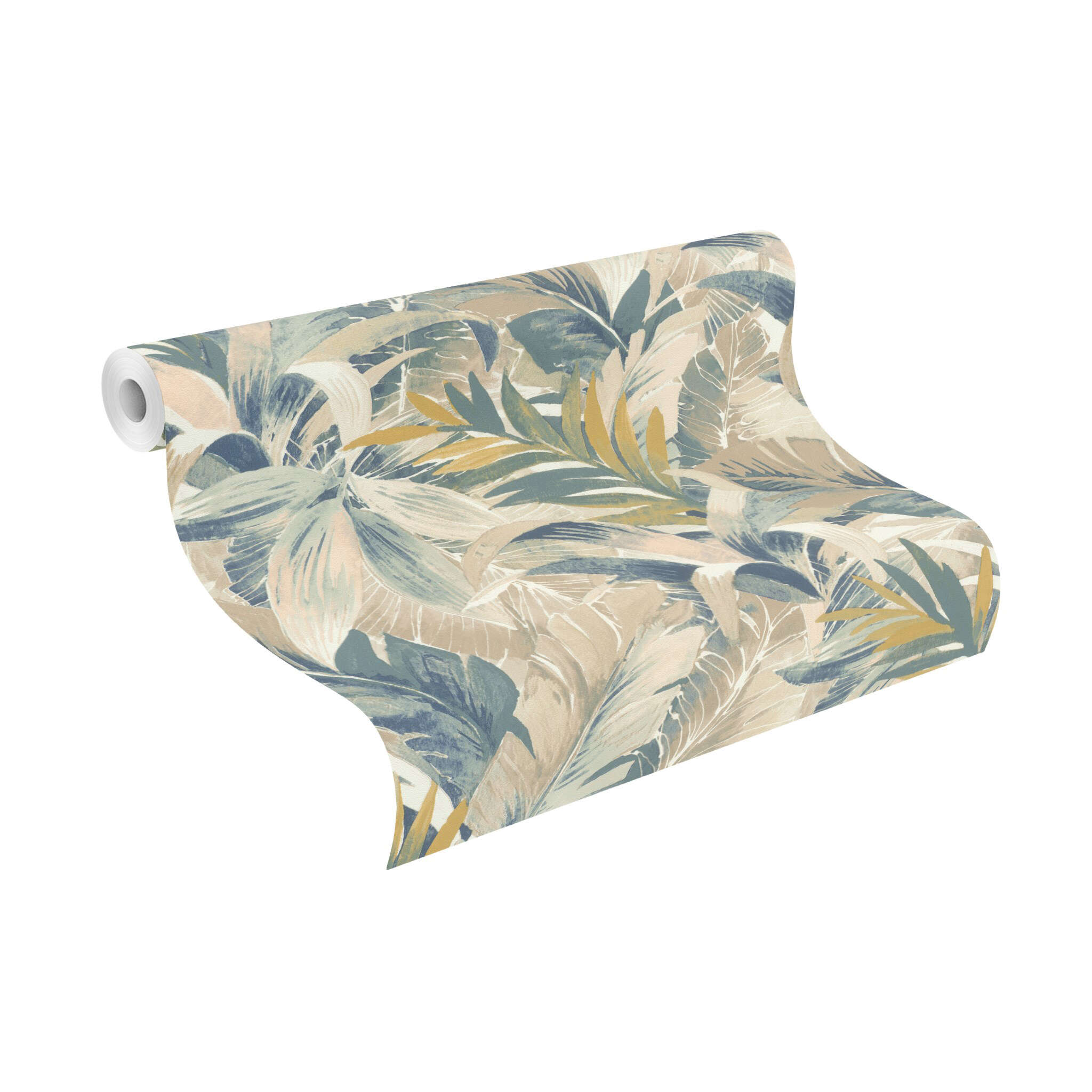 10-865202 Rolle abgerollt 1 Unrolled wallpaper roll with Exotic leaves in a painted look in beige, green, blue and brown with a fine texture