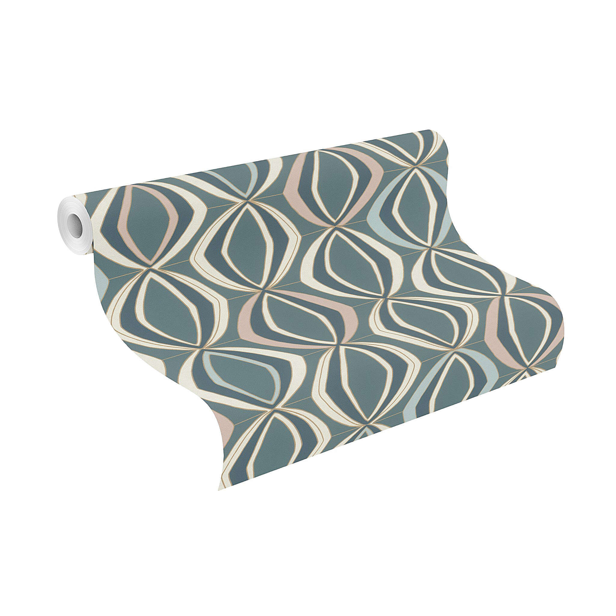 10-791877 Rolle abgerollt 1 Unrolled wallpaper roll with Wallpaper with graphic shapes and a fine texture