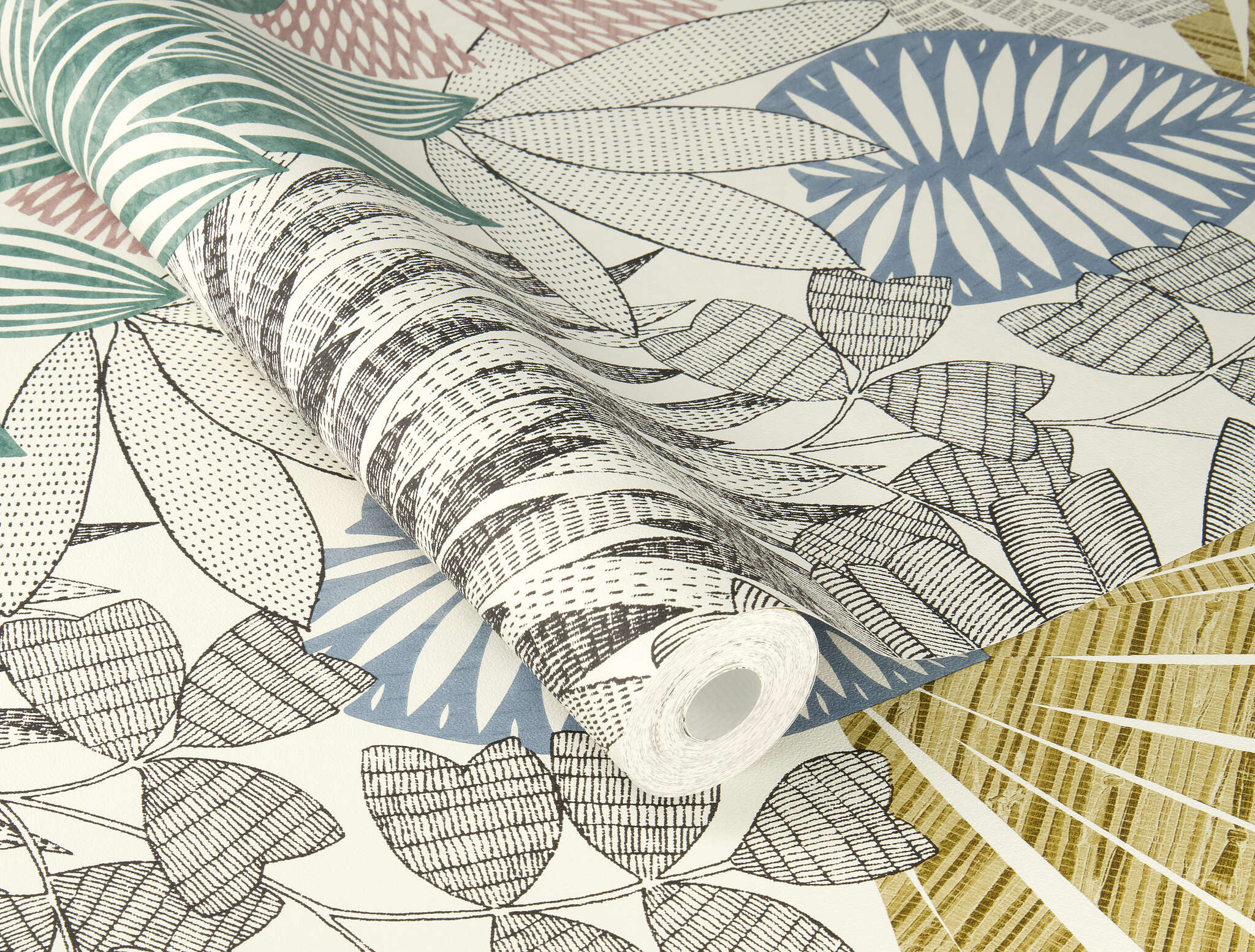 10-868258 Detailaufnahmen 1 Detailed image of Imaginatively arranged leaves in various styles in Rolsa, green and blue