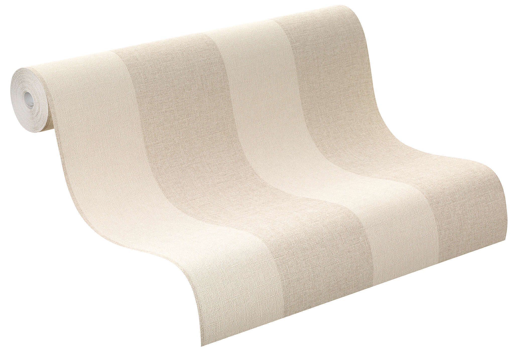 10-448771 Rolle abgerollt 1 Unrolled wallpaper roll with Classically elegant wallpaper with wide block stripes in beige and cream – perfect for stylish accents.