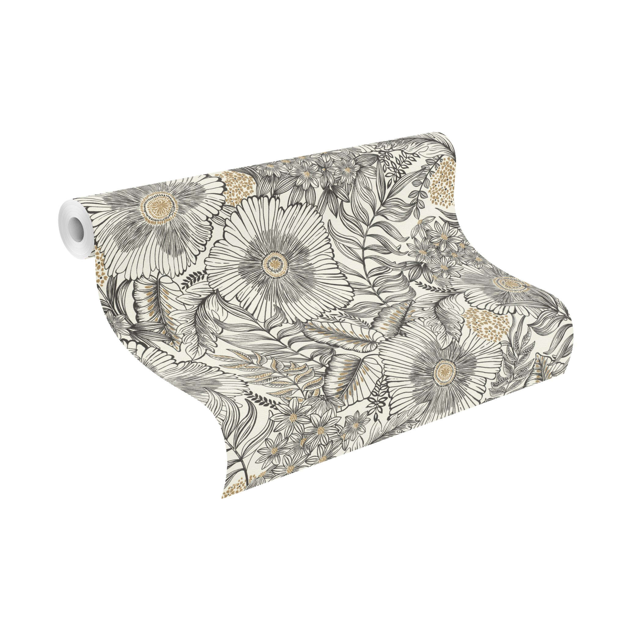 10-686555 Rolle abgerollt 2 Rouleau de déroulé avec Papier peint avec des feuilles et des fleurs et une texture légère