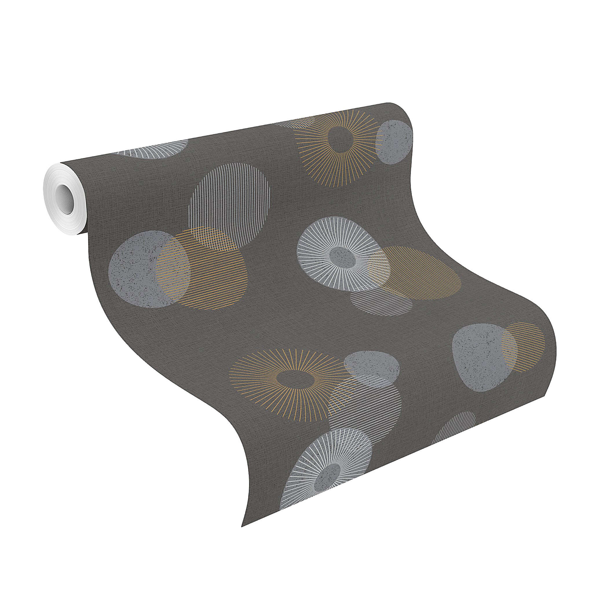 10-311501 Rolle abgerollt 1 Unrolled wallpaper roll with Dark wallpaper with a graphic pattern of circles in various sizes in grey, gold and copper
