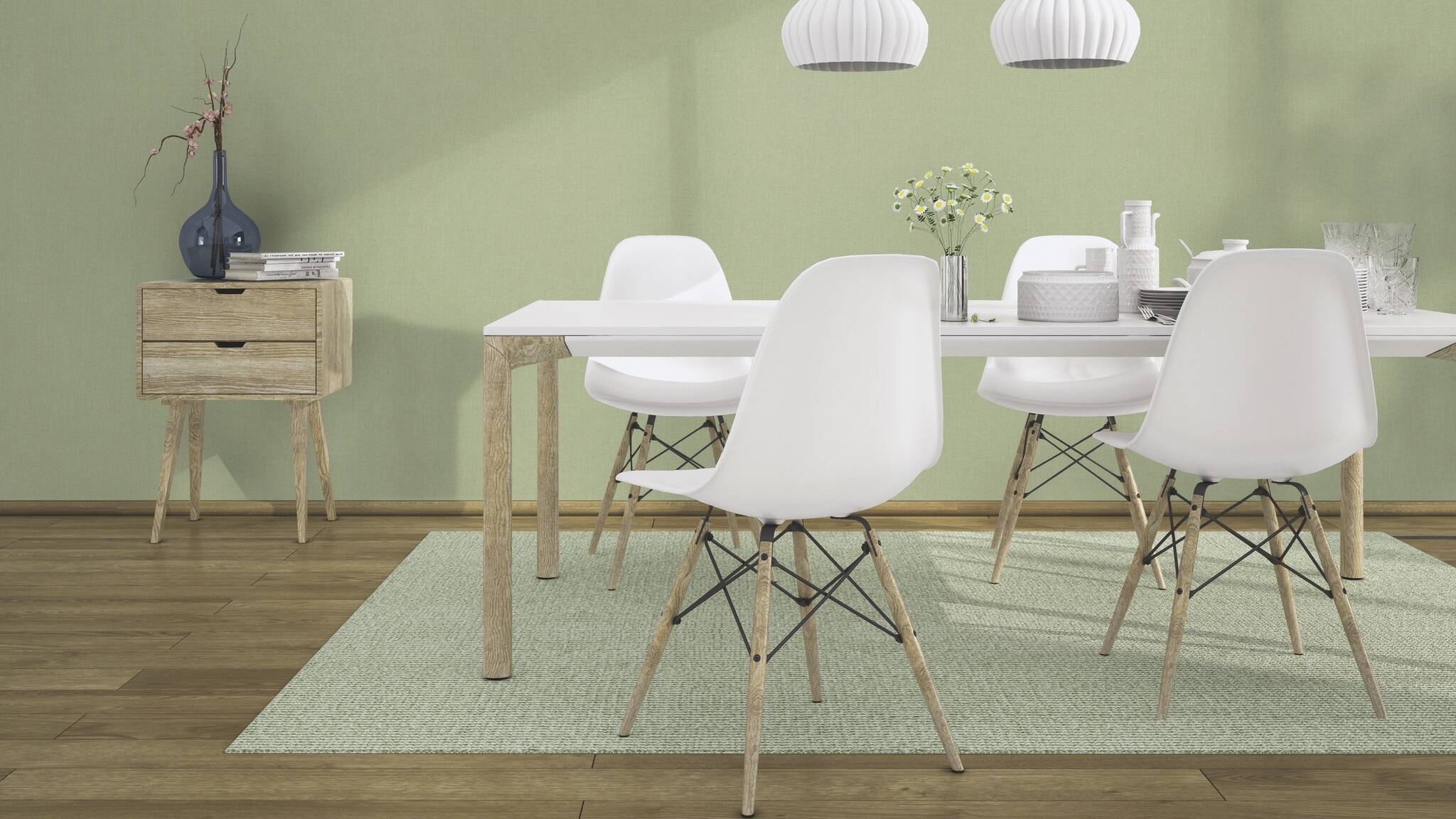 10-423938 Raumsituationen 7 Room with Single-colour non-woven wallpaper in pale green with a textile-like surface.