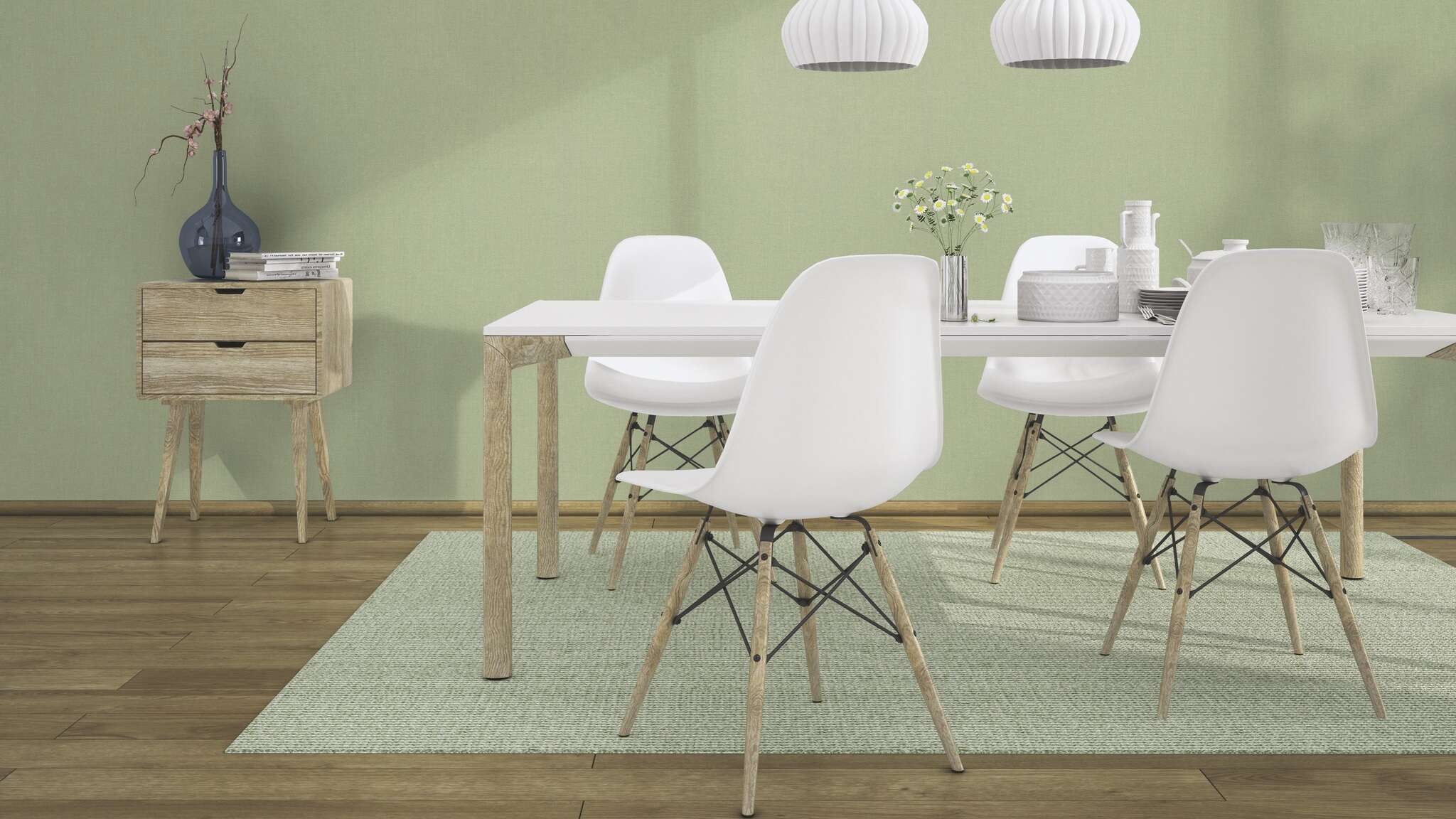 10-423938 Raumsituationen 7 Une chambre avec Papier peint intissé uni vert pâle avec une surface textile.