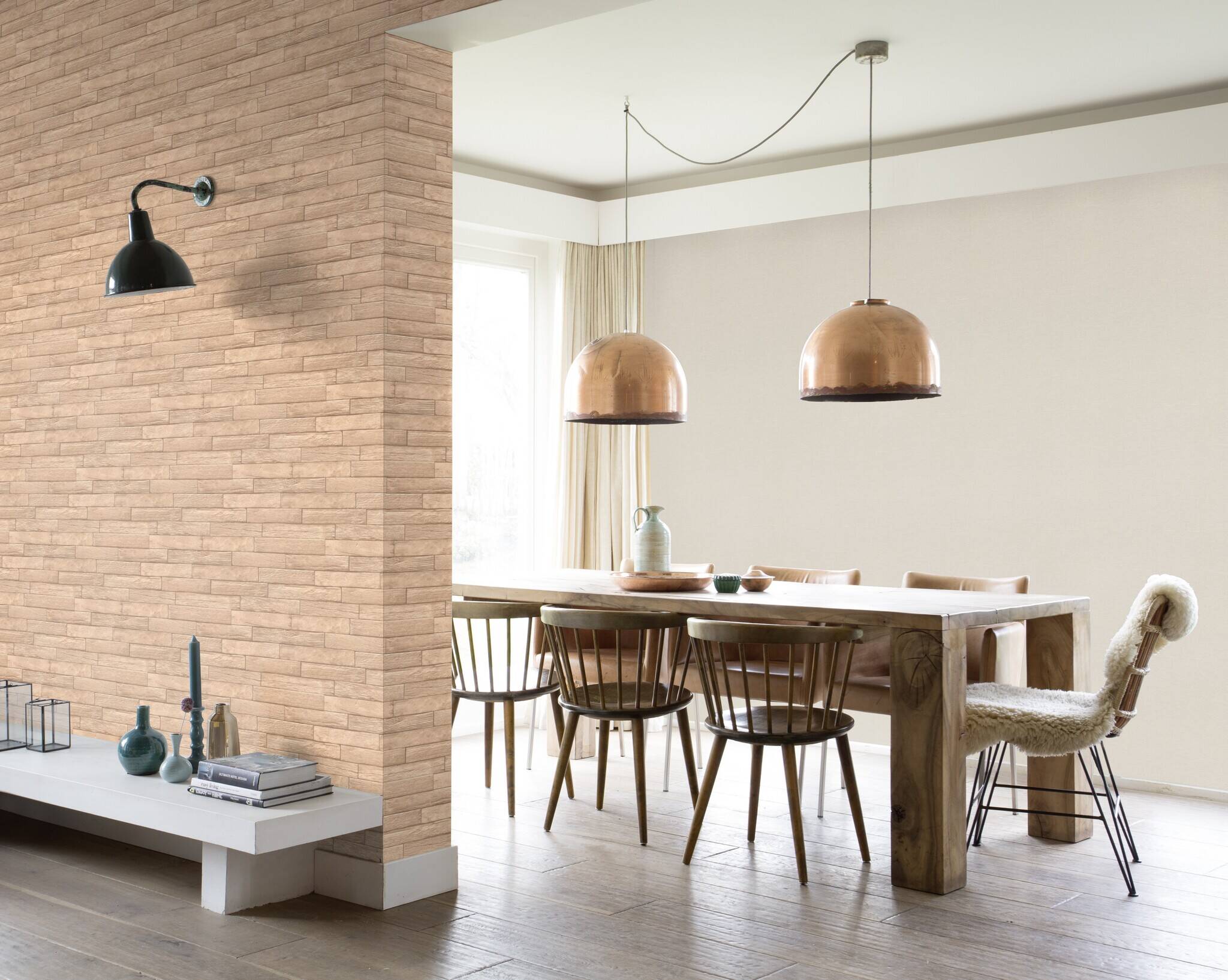 10-822540 Raumsituationen 2 Non-woven wood wallpaper in cream Selection vinyl/non-woven 822540