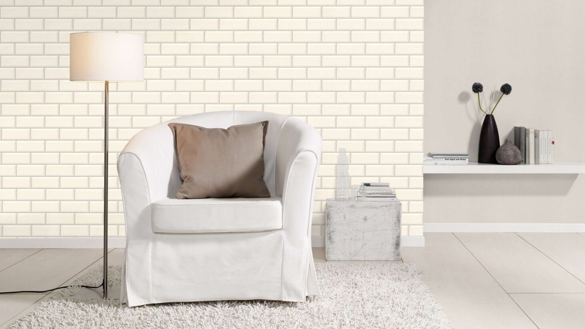 10-429978 Raumsituationen 2 Room with Non-woven wallpaper with a glossy tile look in classic white.