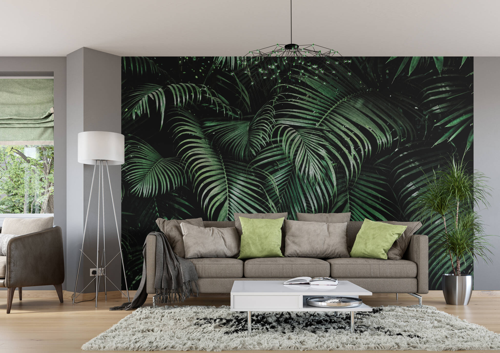 Wohnzimmer mit Fototapete - Grüne Palmenblätter mit 3D-Effekt in raumfüllendem Zoom