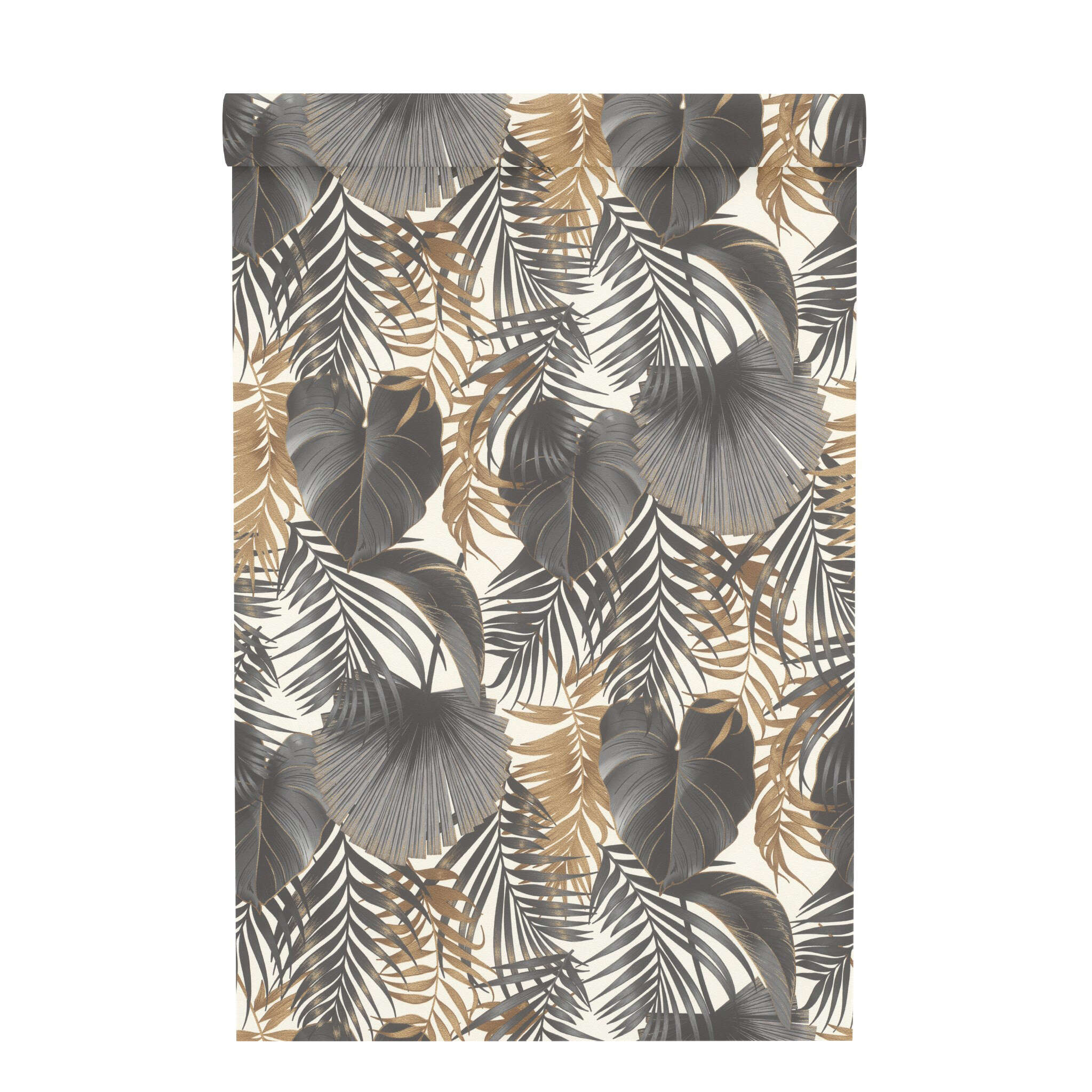 10-462050 Rolle abgerollt 2 Rouleau de déroulé avec Motif jungle élégant avec des feuilles dorées et anthracite sur fond clair