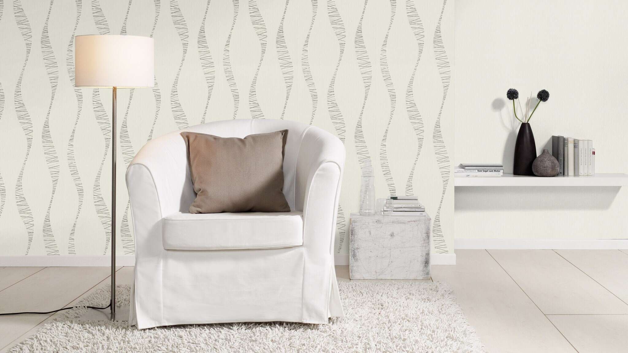 10-809008 Raumsituationen 3 Room with Wallpaper with a vertical texture, fine grooves and a glossy effect
