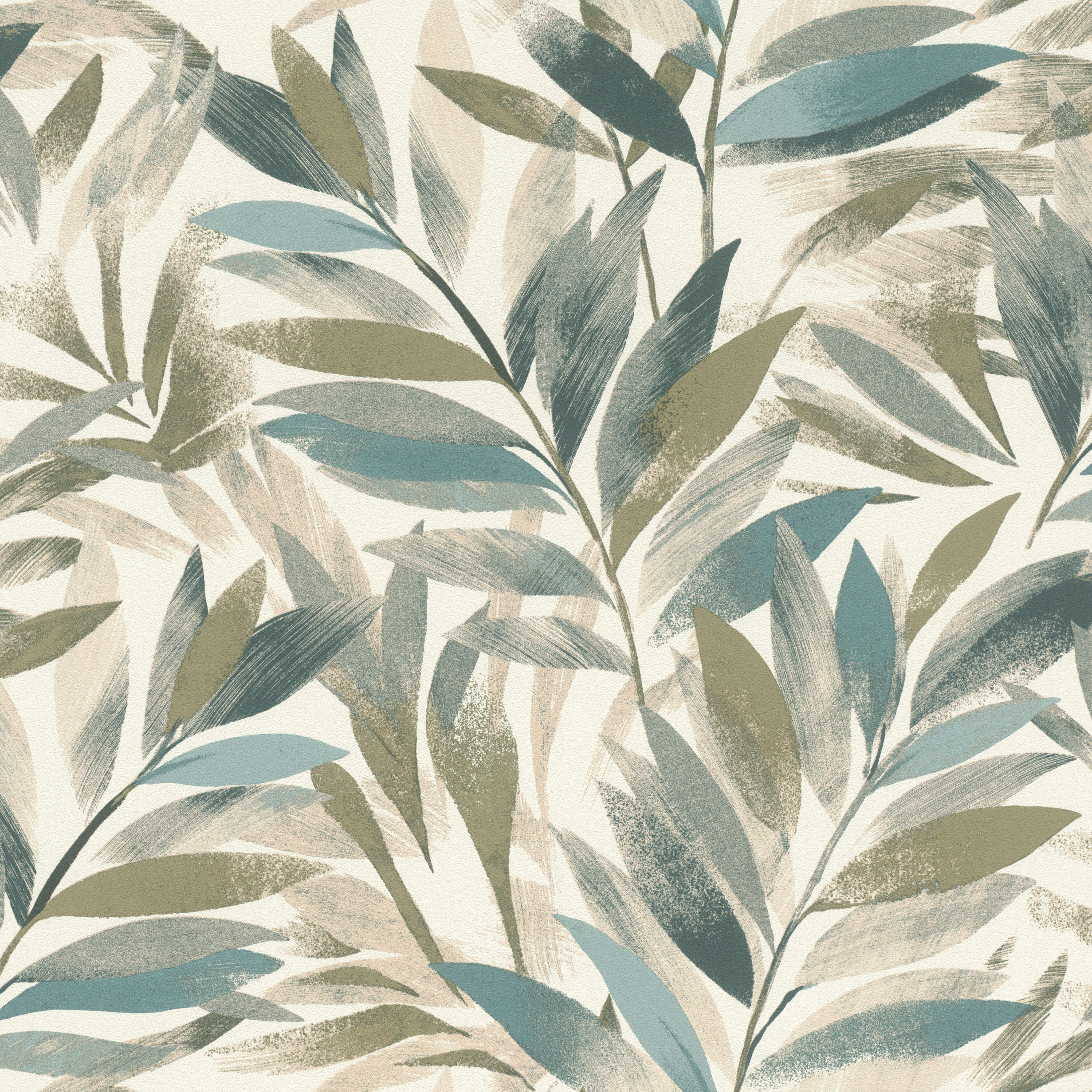 10-867640 Artikelscan 1 Stamped leaves in ivory, olive and petrol on a dark brown background
