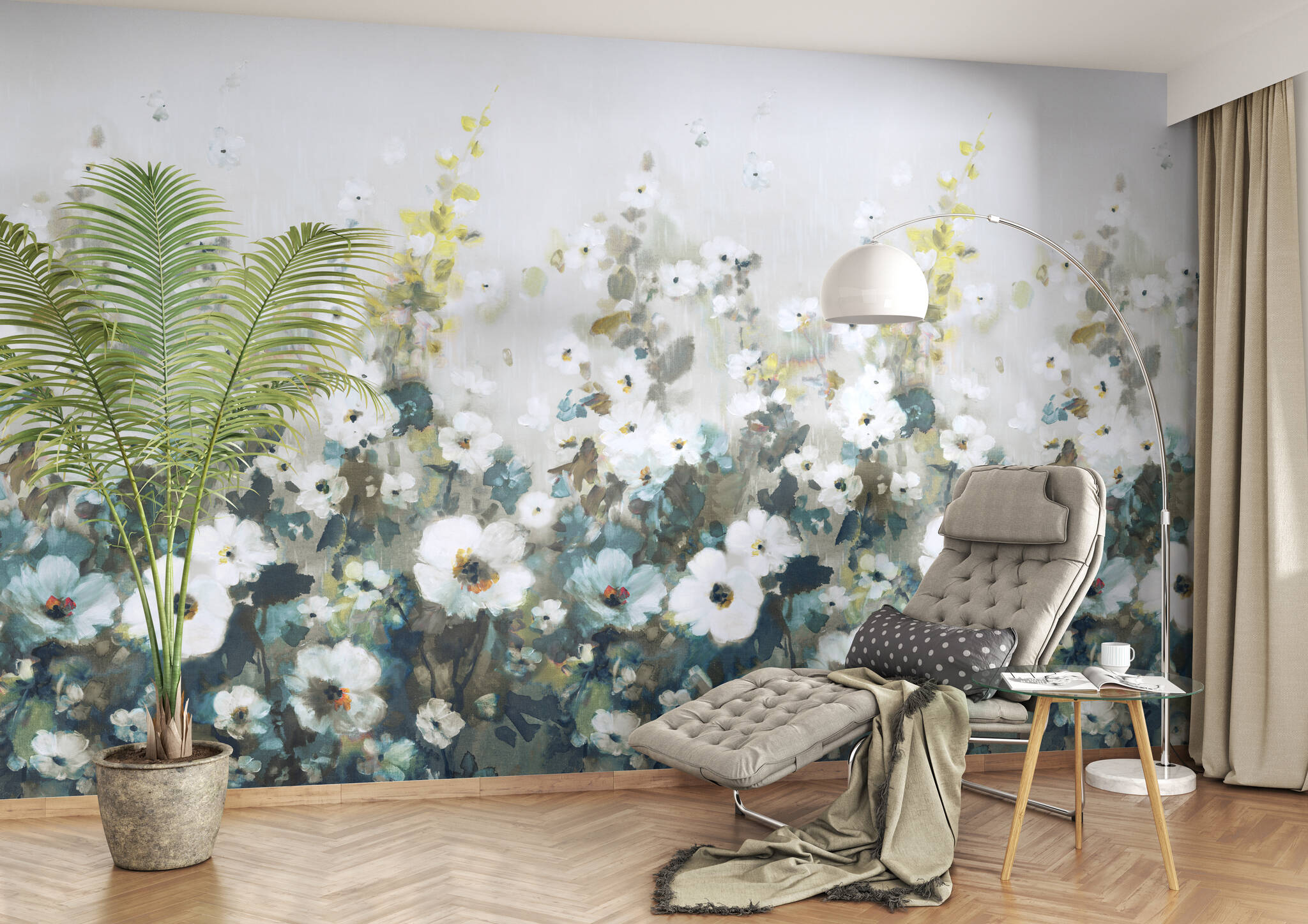 Wohnzimmer mit Wandbild - Sommerblumenwiese in zartem Grün und türkisen Highlights
