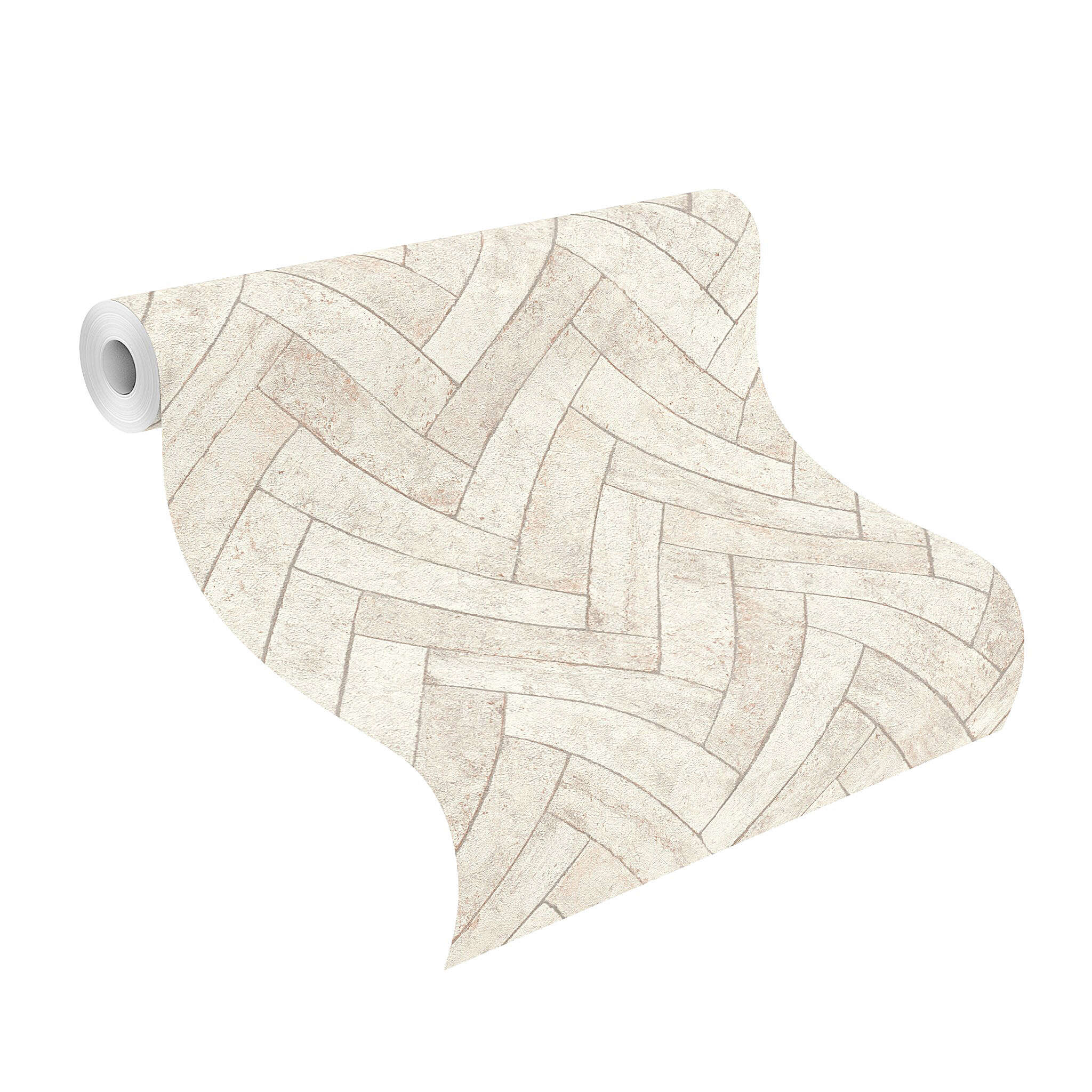 10-499117 Rolle abgerollt 1 Unrolled wallpaper roll with Wallpaper with bricks