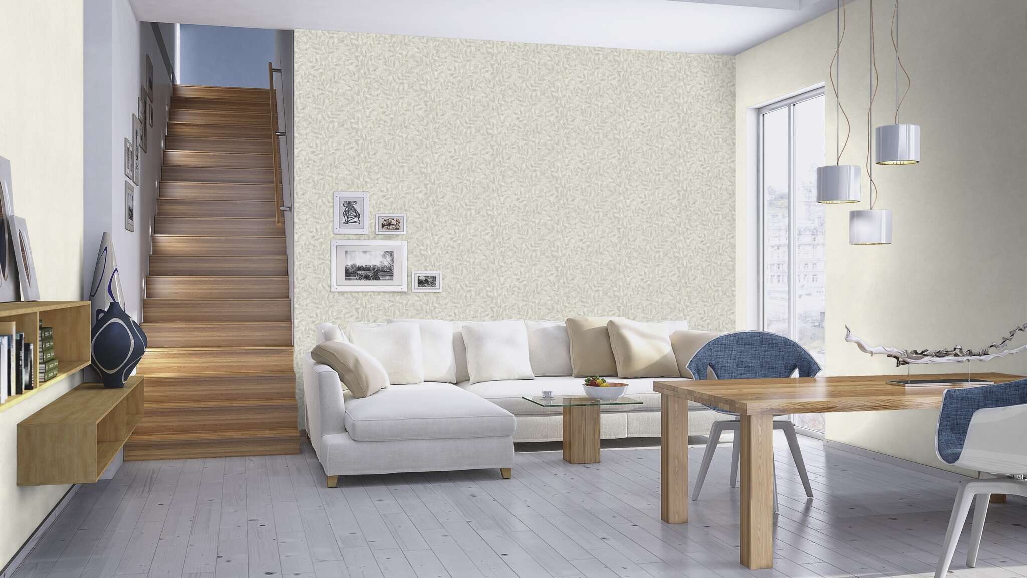10-315127 Raumsituationen 5 Room with White wallpaper with a light patina look, inspired by oxidised metal surfaces – stylish and versatile.