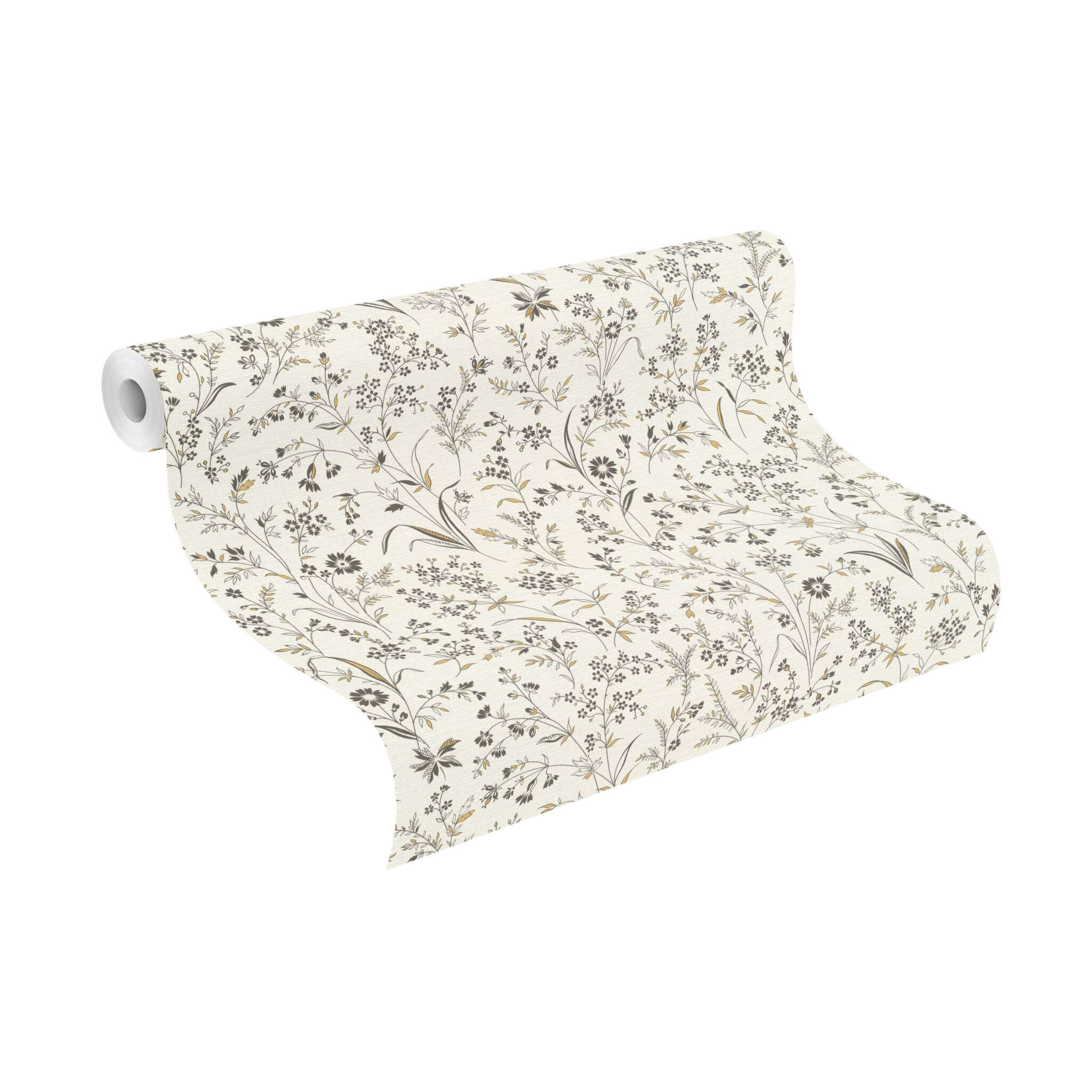 10-869408 Rolle abgerollt 1 Unrolled wallpaper roll with Wallpaper with hand-painted flowers, leaves and grasses