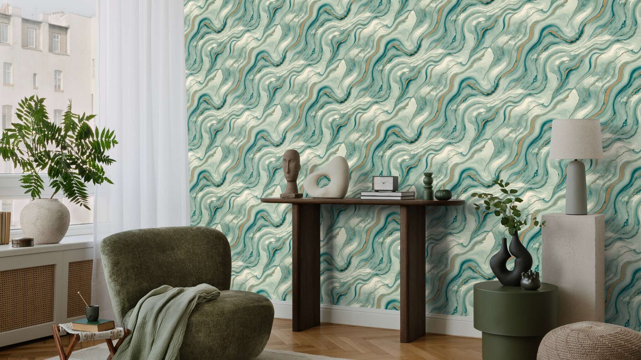 10-497632 Raumsituationen 3 Marble-effect wallpaper in green - Factory VI Marmorea 497632