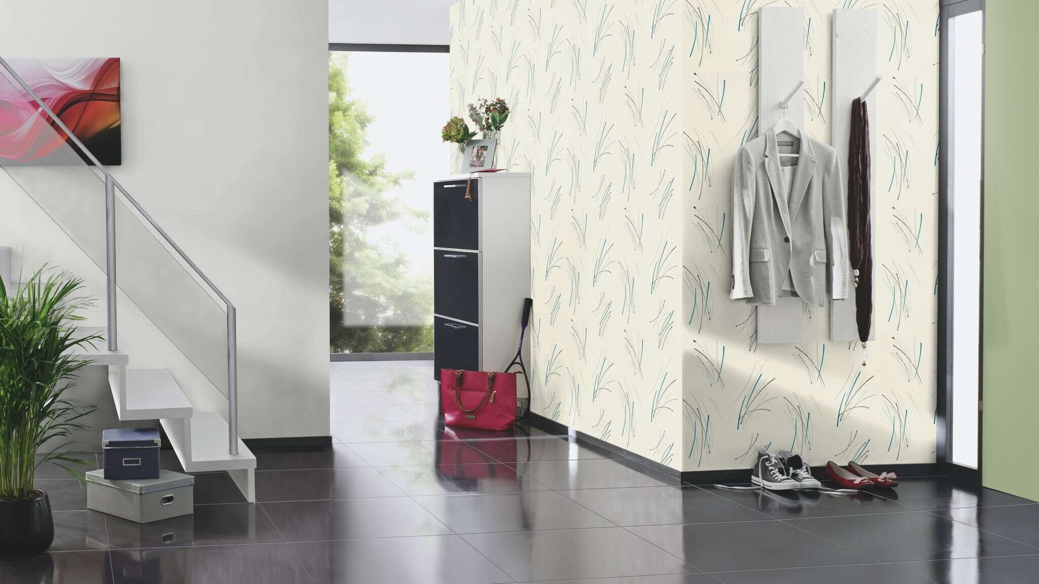 10-735024 Raumsituationen 4 Room with Wallpaper with curved lines and textile texture