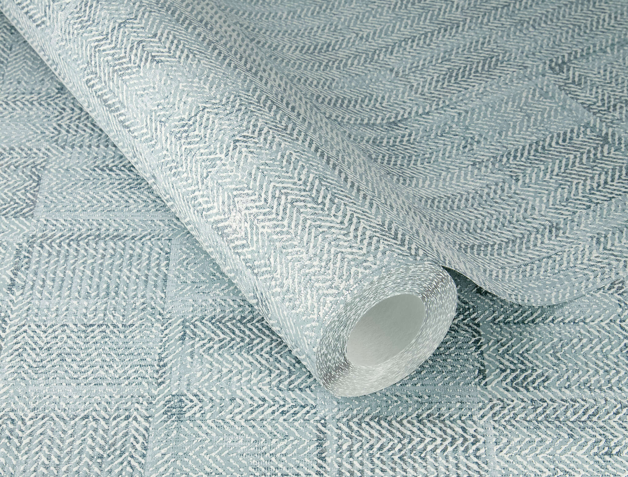 10-314724 Detailaufnahmen 2 Detailed image of Blue-grey non-woven wallpaper with a woven patchwork texture and a slightly raised look