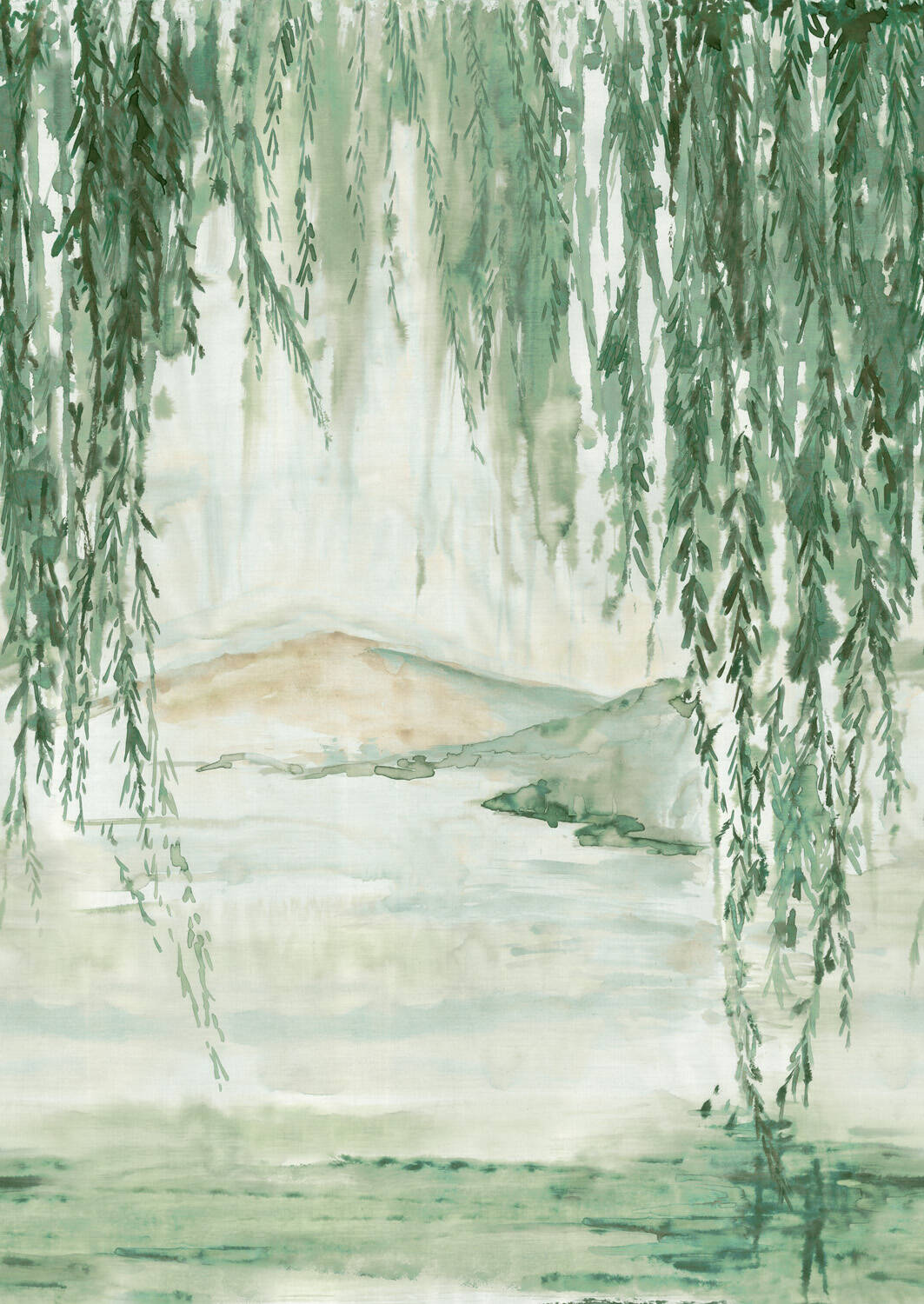 Wandbild - Gemälde mit Blick auf Berge in grün freigegeben von herunterhängenden Ästen