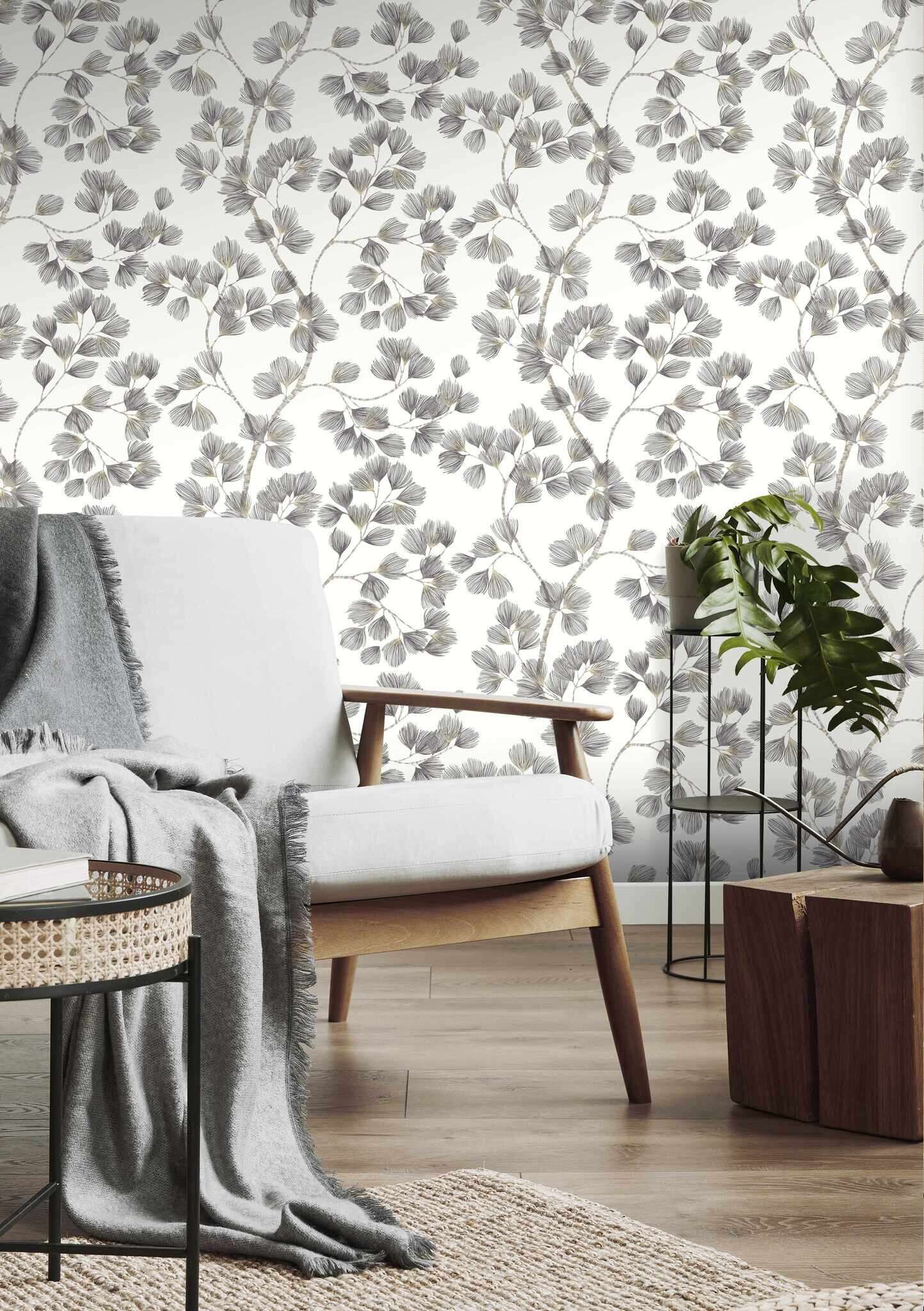 10-866933 Raumbilder 1 Room with Wallpaper with branches and gold accents