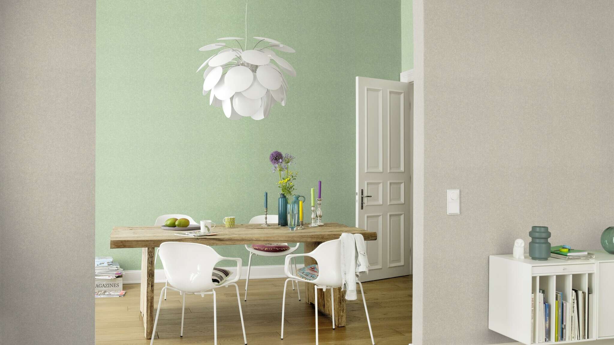 10-554472 Raumsituationen 5 Textured non-woven wallpaper in green-jade green Selection 554472
