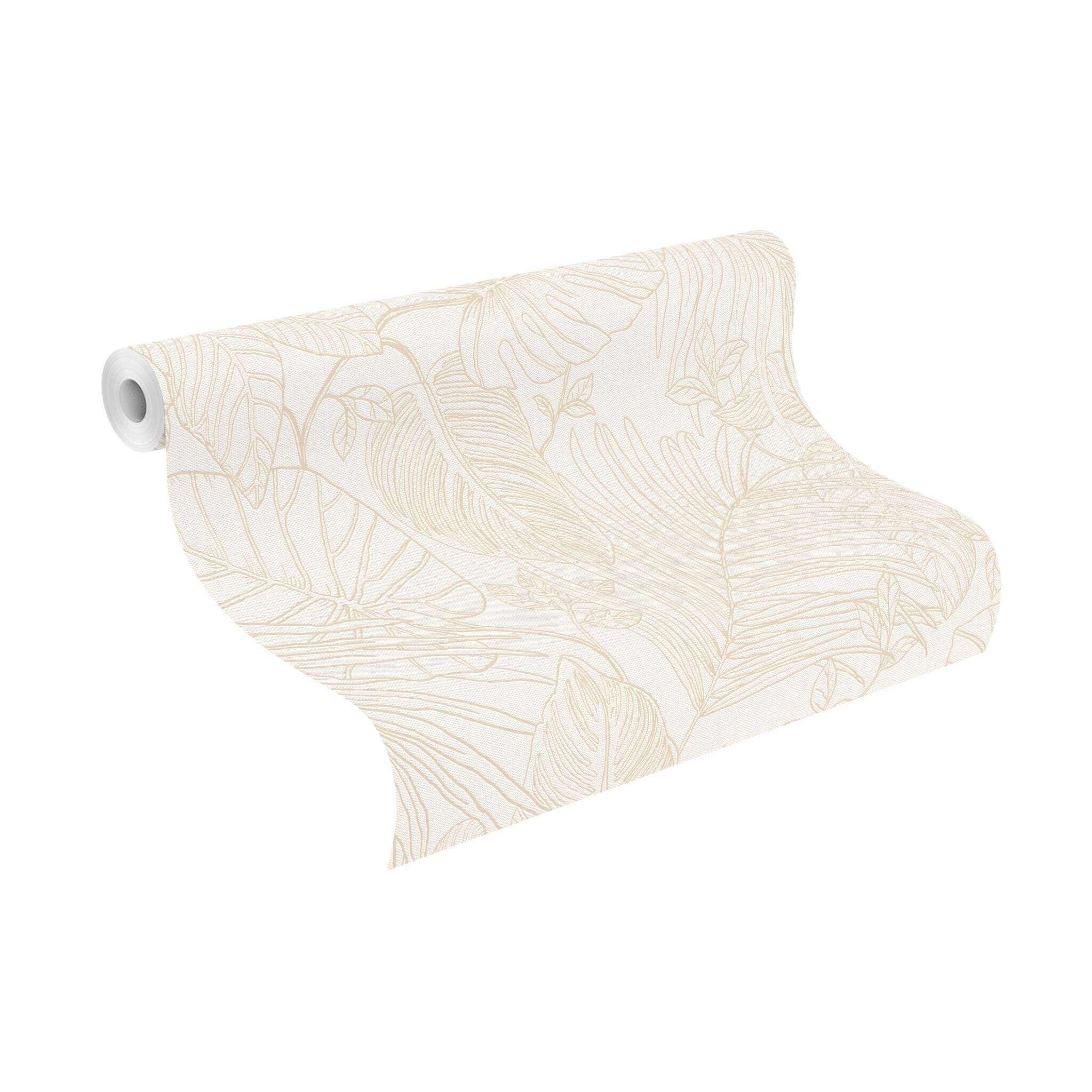 10-690804 Rolle abgerollt 1 Rollenabbildung mit Skizzierte exotische Blätter und Pflanzen in hellem Beige auf cremweißem Hintergrund mit körniger Struktur