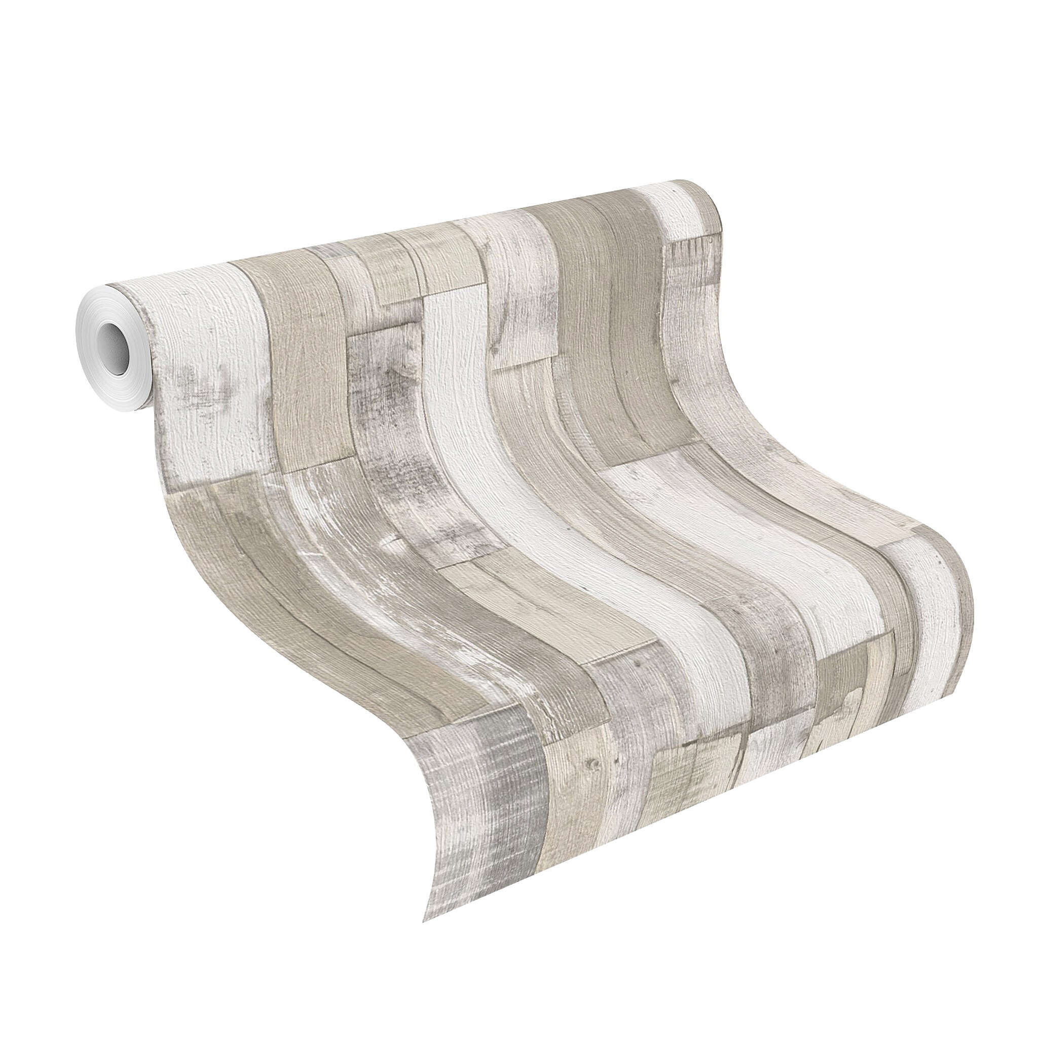 10-203714 Rolle abgerollt 1 Rollenabbildung mit Tapete mit rustikalem Holzlatten-Design in Natur- und Weißtönen, im Shabby-Chic-Stil