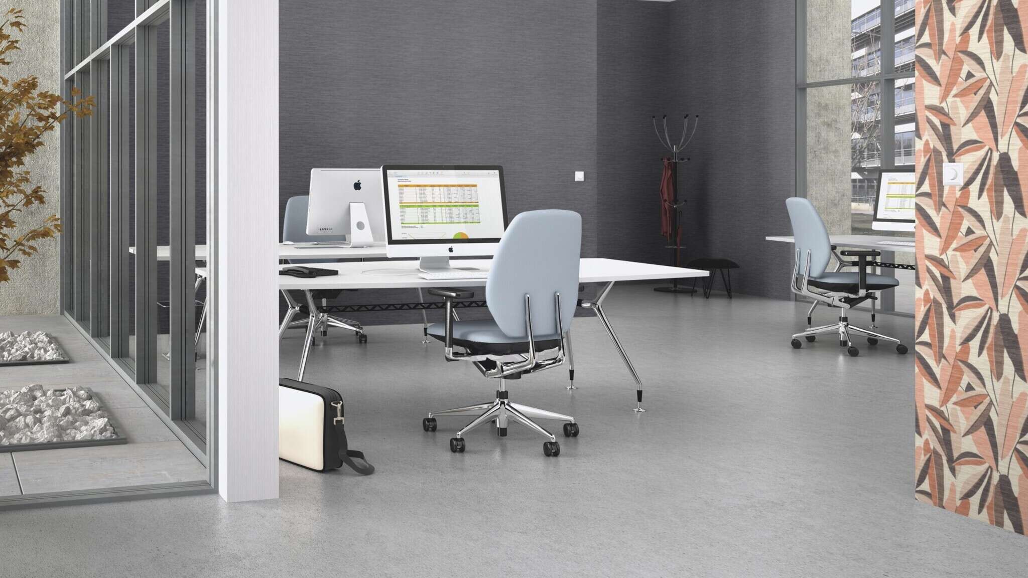 10-866469 Raumsituationen 2 Room with Single-colour wallpaper with wood effect