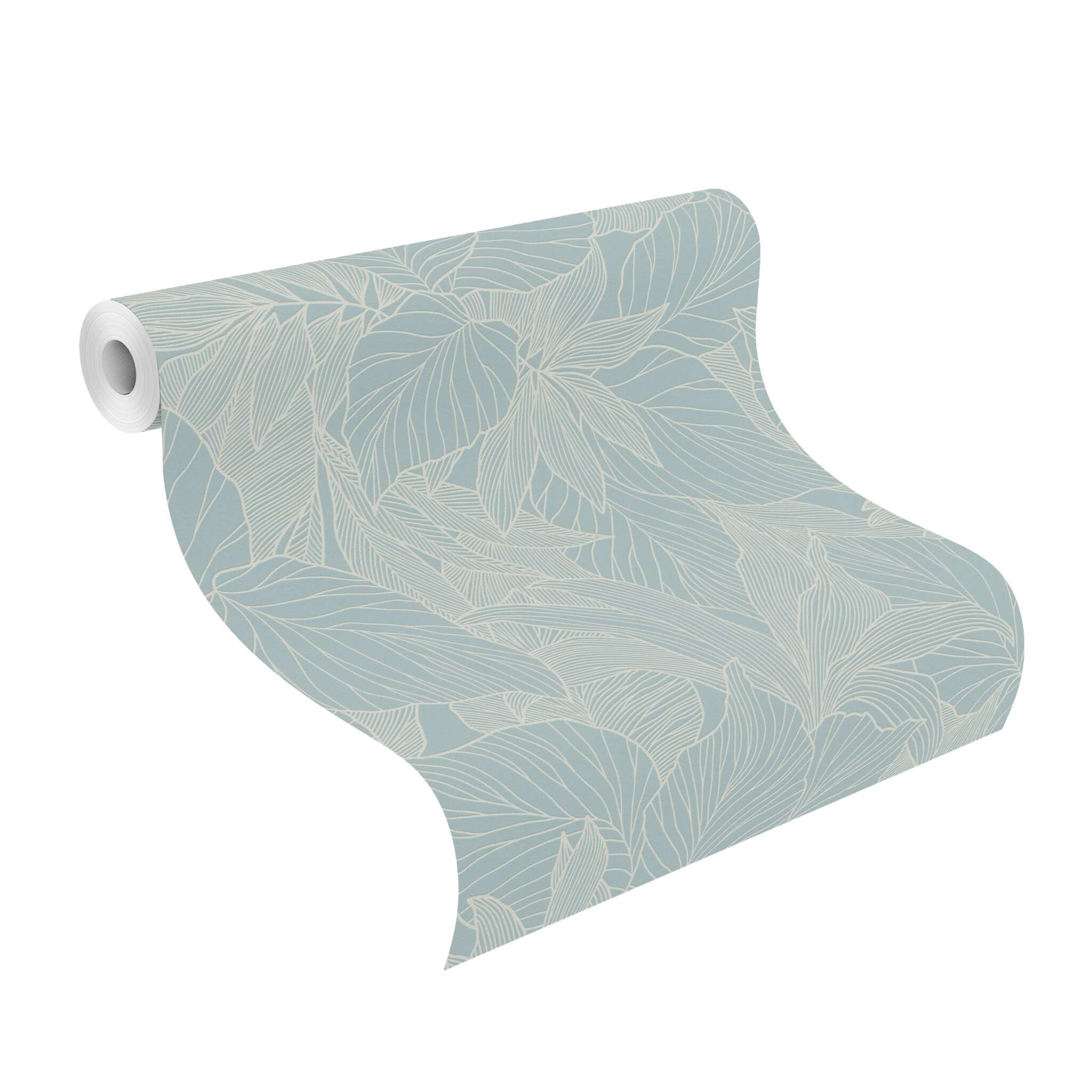 10-314915 Rolle abgerollt 1 Unrolled wallpaper roll with Decorative non-woven wallpaper in soft ice blue with a delicate, slightly raised leaf pattern
