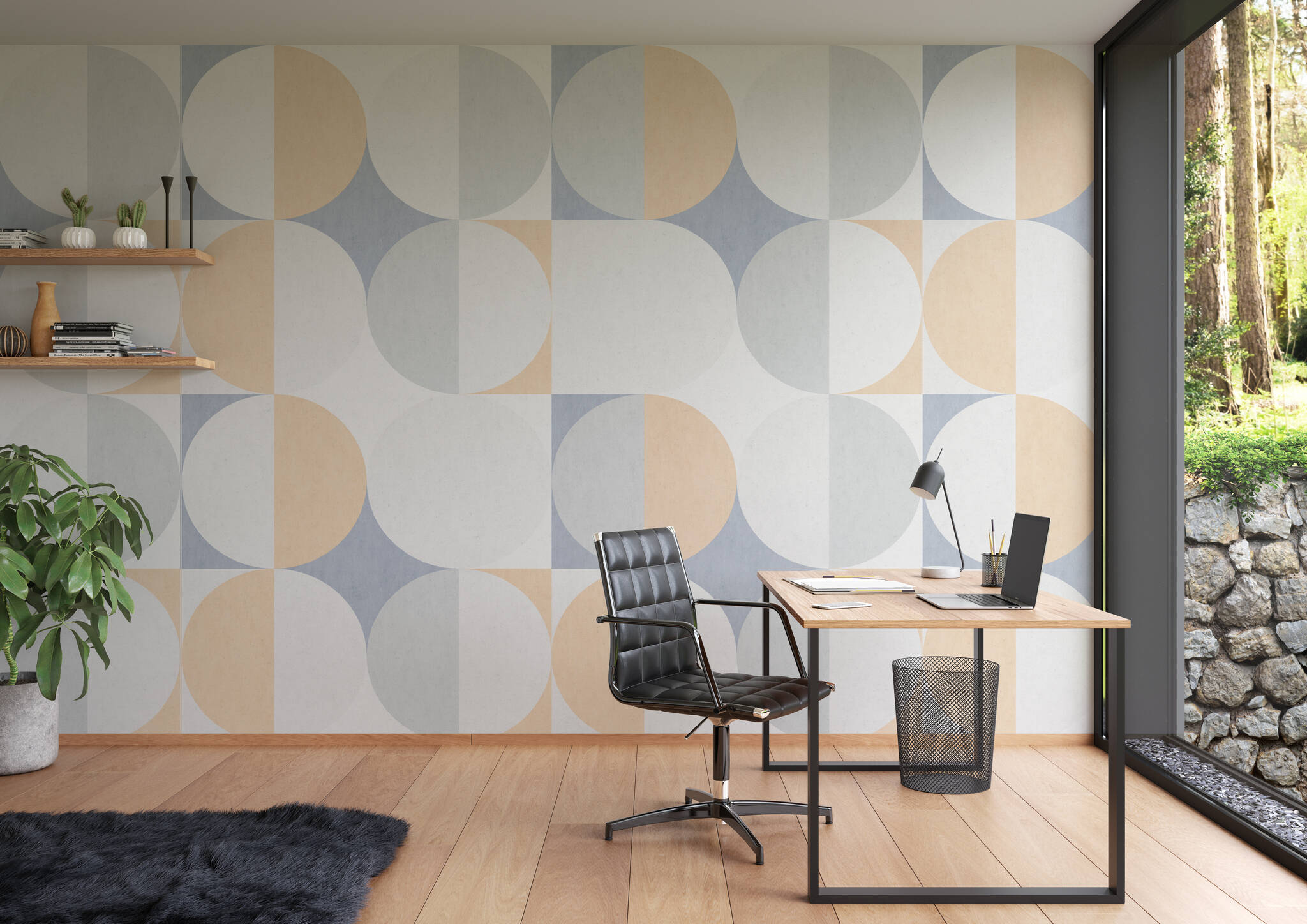 Arbeitszimmer mit Wandbild - Retro-Charme und doch modern - hier schließt sich der Kreis mit halbrunden Formen in Grau, Blau & Beige