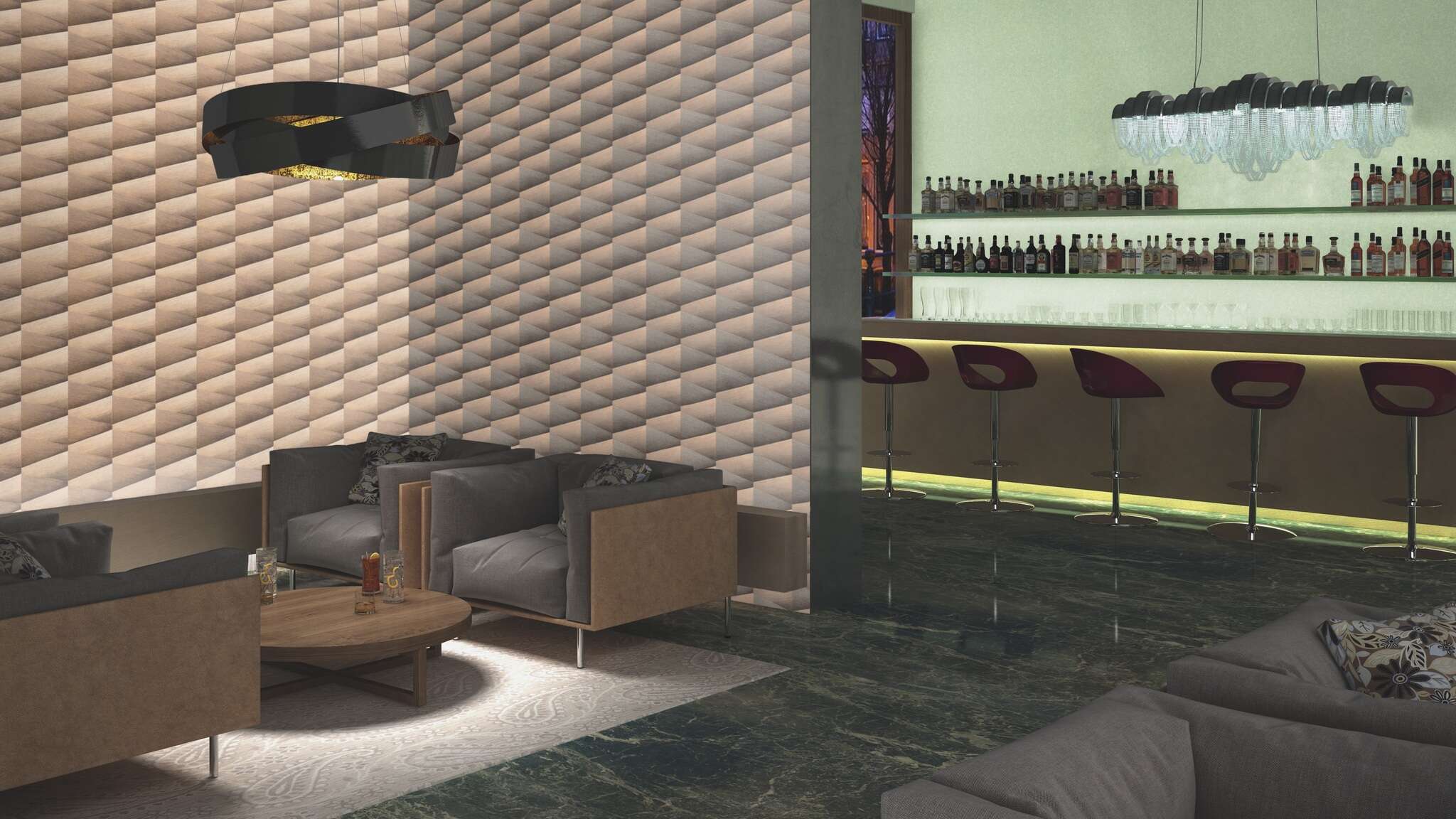 10-554670 Raumsituationen 2 Room with Graphic wallpaper with three-dimensional shapes and a grooved texture