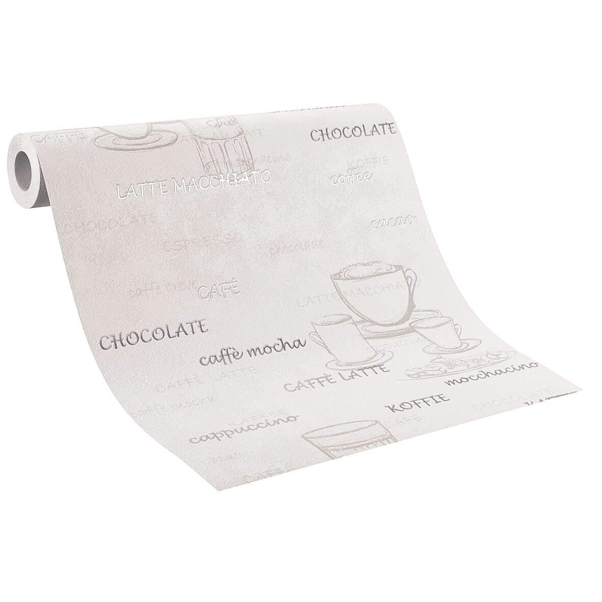 10-770421 Rolle abgerollt 1 Unrolled wallpaper roll with Wallpaper with sketched coffee cups and café lettering