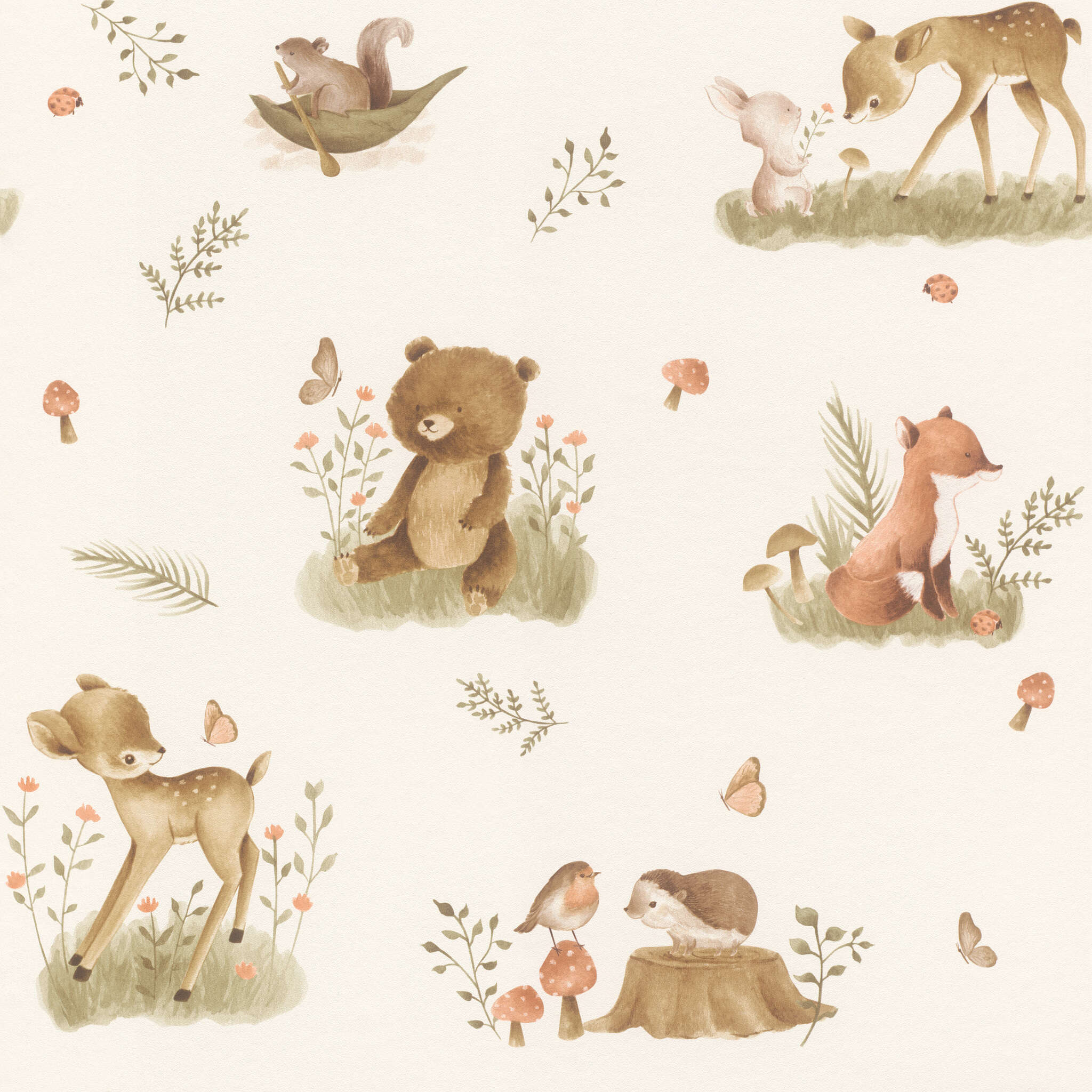 10-321104 Artikelscan 1 Cute non-woven wallpaper with deer, foxes, bears and other forest creatures in a soft watercolour look