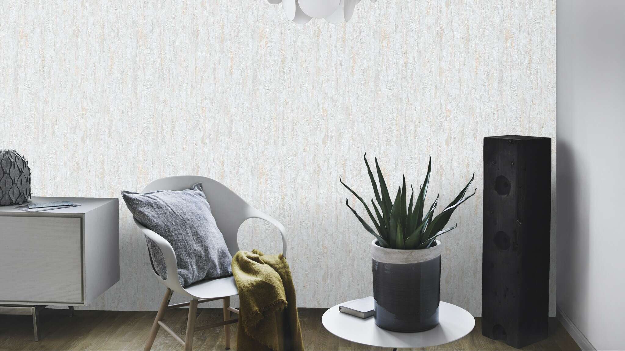 10-867503 Raumsituationen 1 Room with Plain wallpaper: fine wood texture in cream white