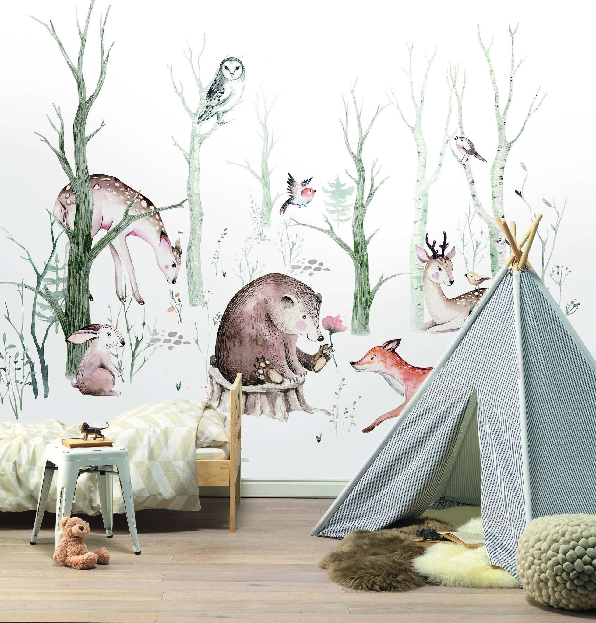 10-364903 Raumbilder 1 Forest animals non-woven wallpaper in green-light green SM Digital Panel 364903