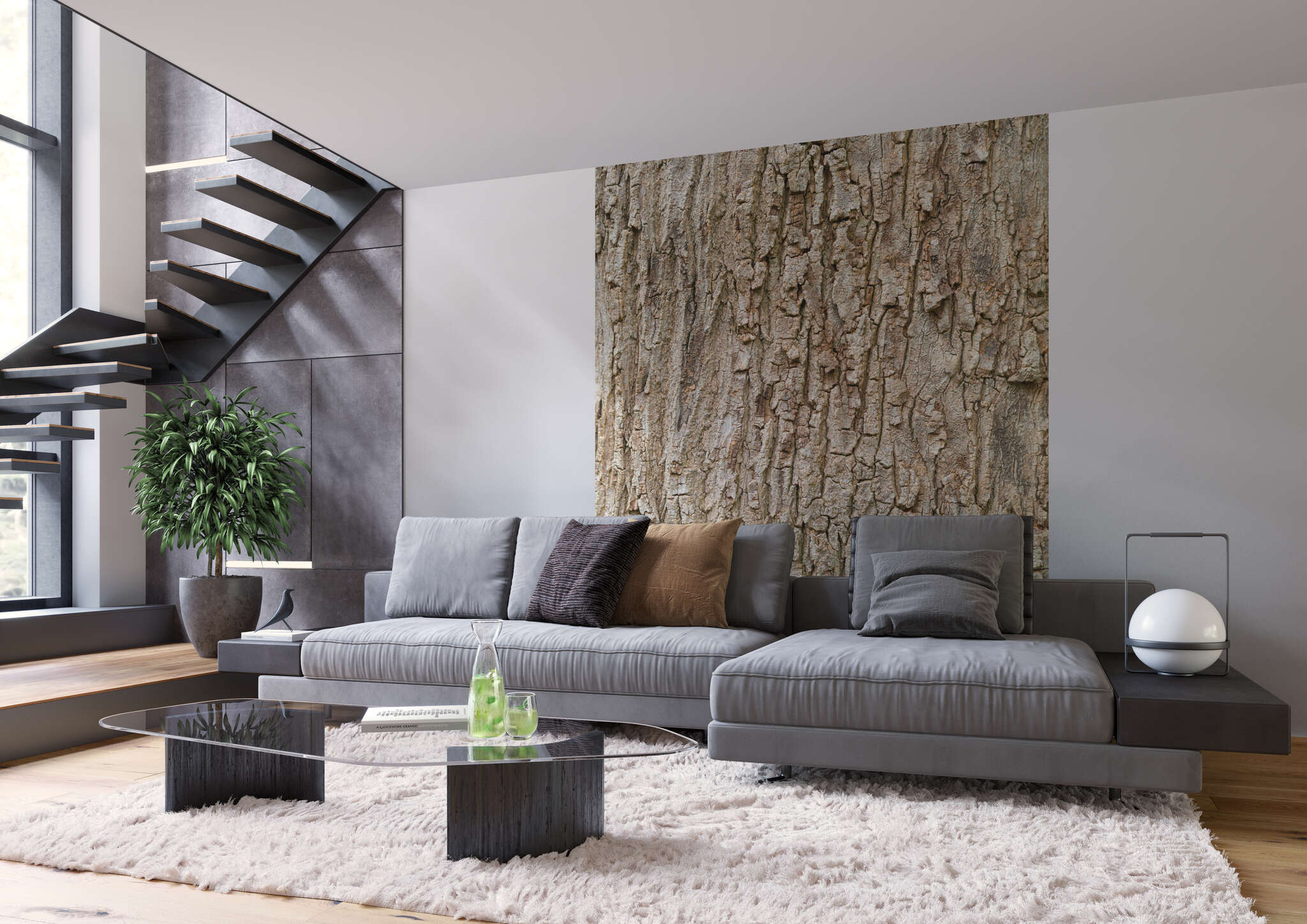 Wohnzimmer mit 363777 - Fototapete - Voller Fokus auf Baumrinde mit ihrer typischen Struktur magicwalls photo wallpaper wood look 363777